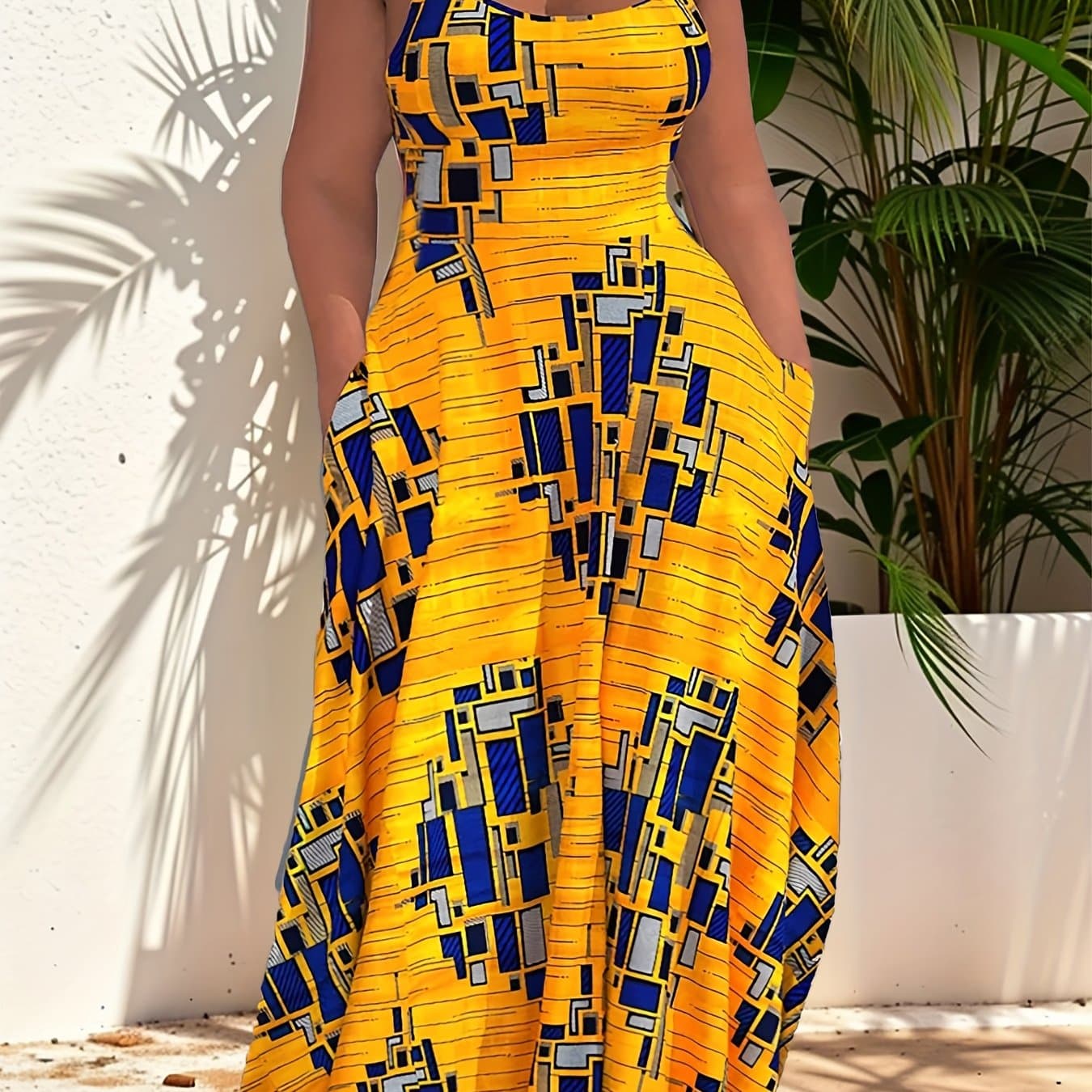 TEMU Sleeveless Maxi Dress With African Print - Pattern With Pockets