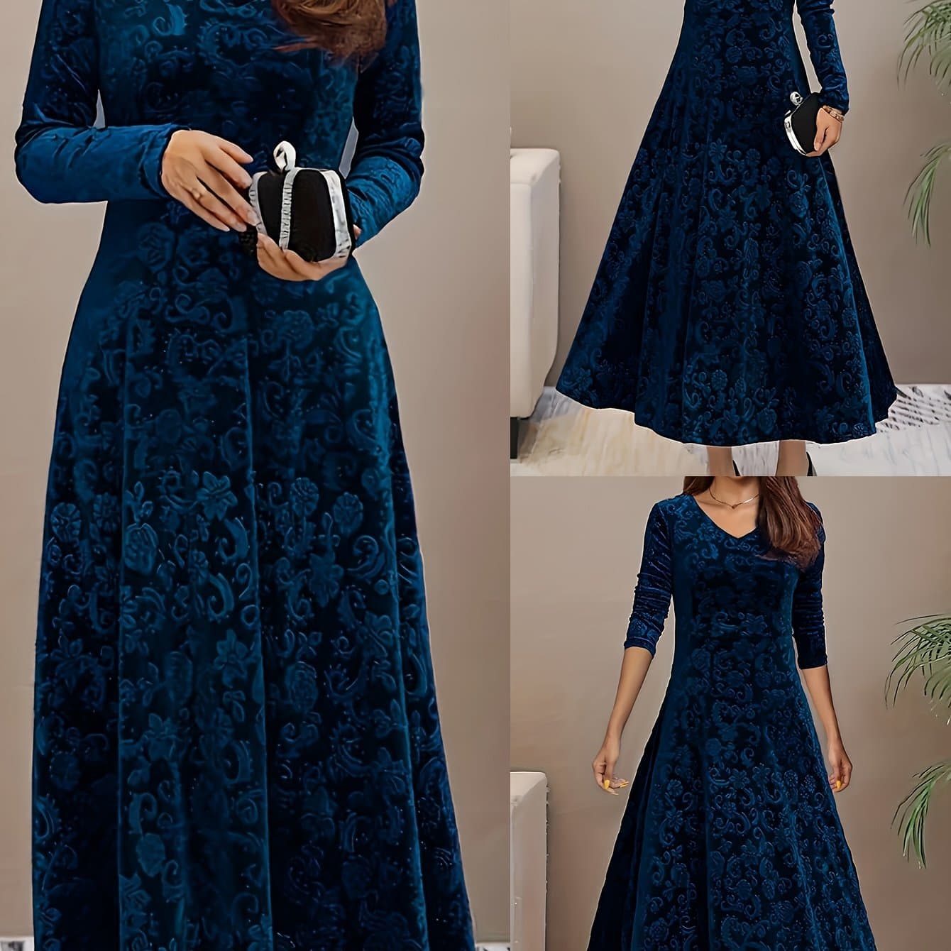 TEMU Plus Size - Plus Size - Extended Velvet Embossed Size Women's Long Sleeve Dress