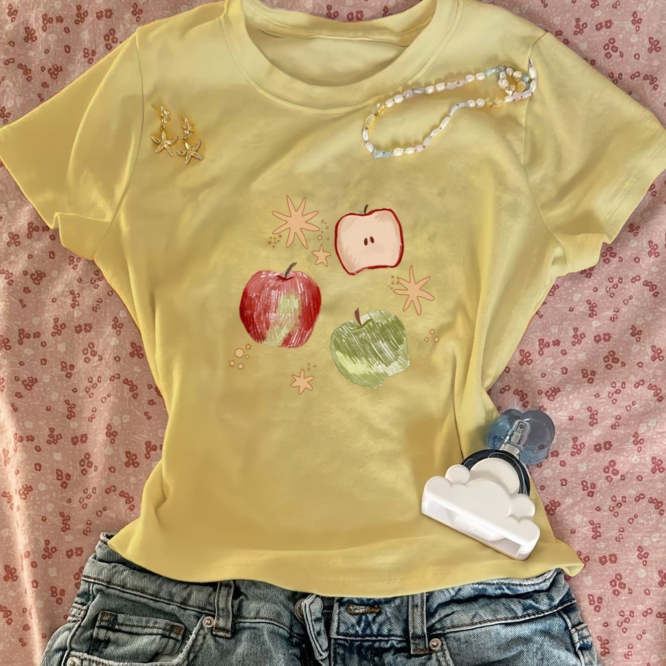 TEMU Fresh And Diverse Styles Of Pentagram Star Pattern Printing, Creative, Fun, Age-reducing, Versatile Summer, Niche, , Straight Shoulder, Round Neck, Short-sleeved Top