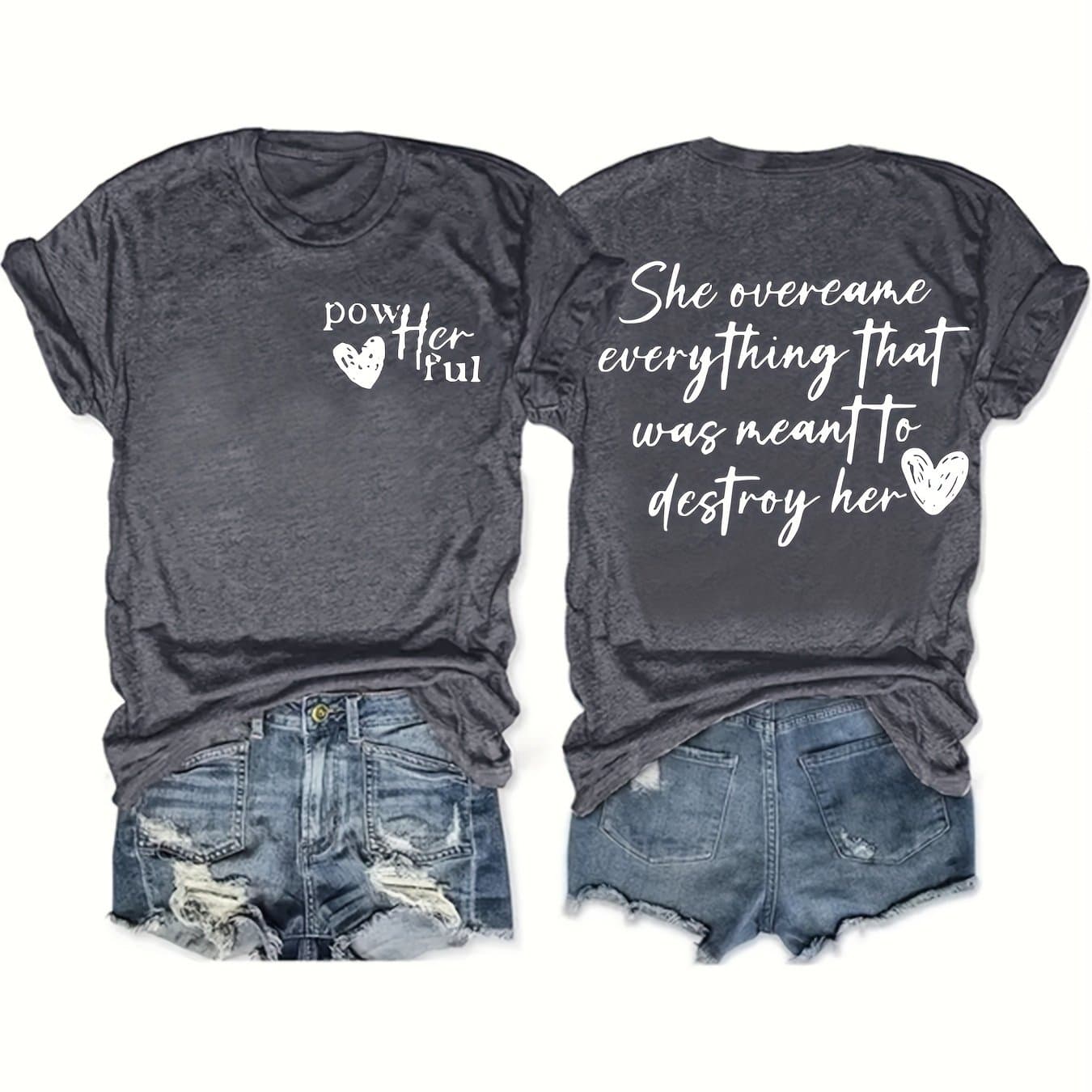 TEMU Plus Size - Plus Size - Short Sleeve Pow Letter Small Heart Double-sided Print Plus Size Round Neck T-shirt