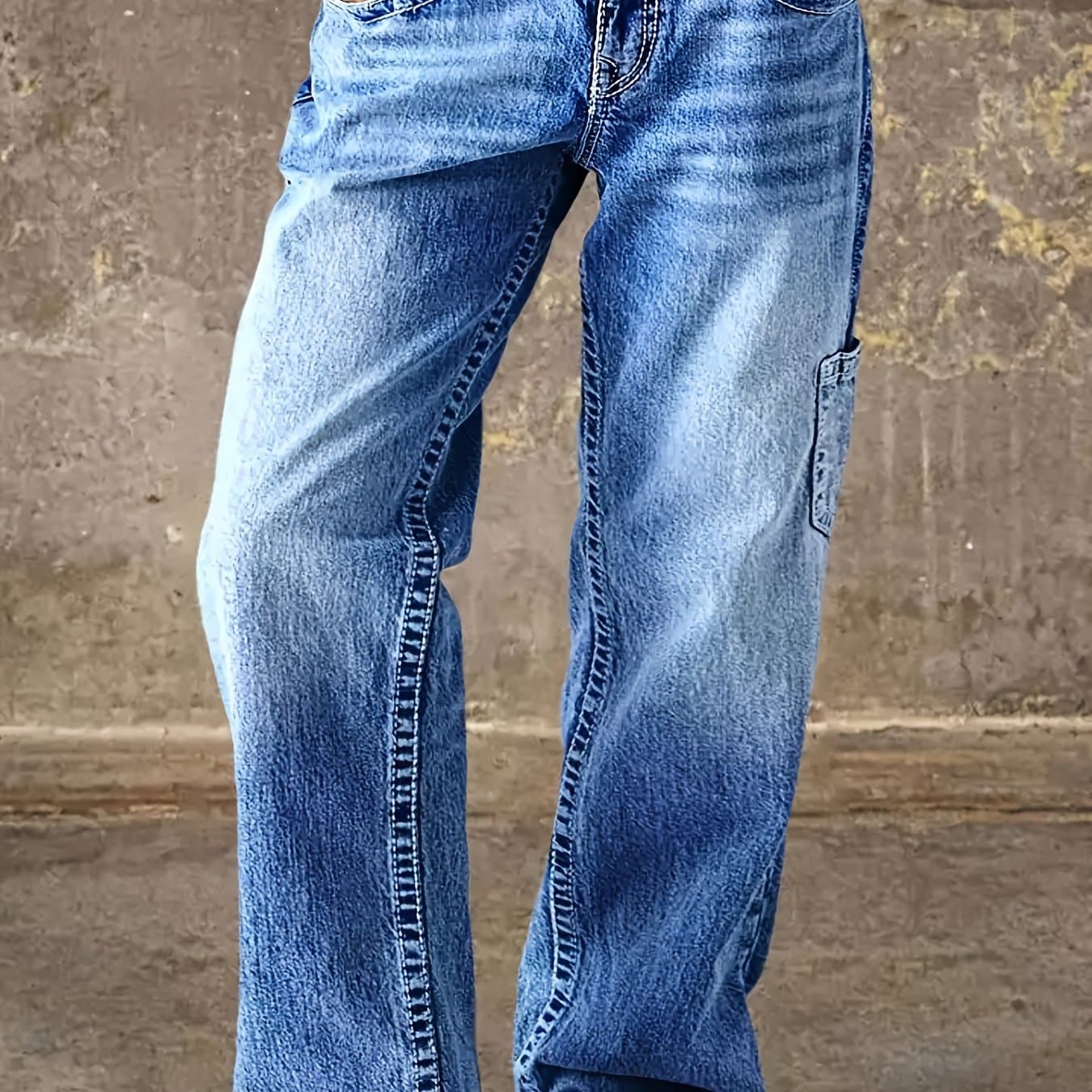 TEMU Women's Retro Casual Jeans, Mid-waist Stretch Loose Straight-leg Workwear Style, Durable Multi-, Retro Water Wash Cat Beard Pattern, Polished , A Simple And Versatile Pair Of Denim Long Pants