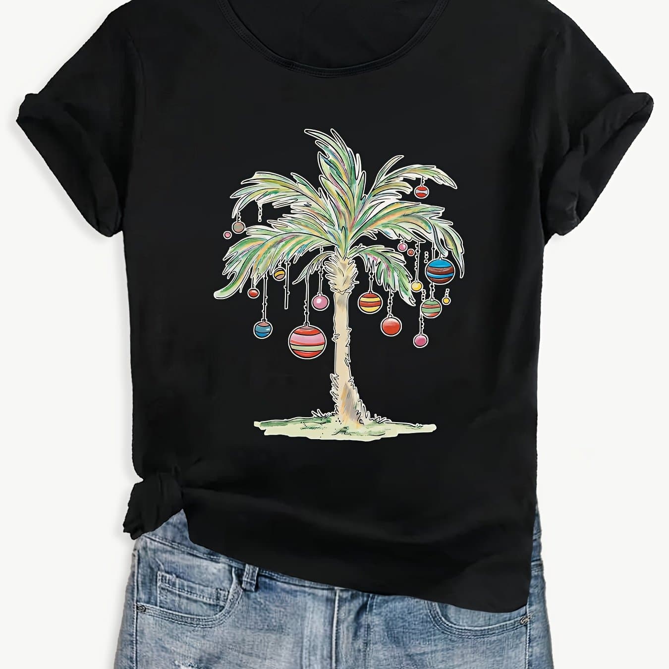 TEMU Women's Christmas Palm Tree T-shirt, Red Loose Fit Casual Summer Tee, Holiday Top