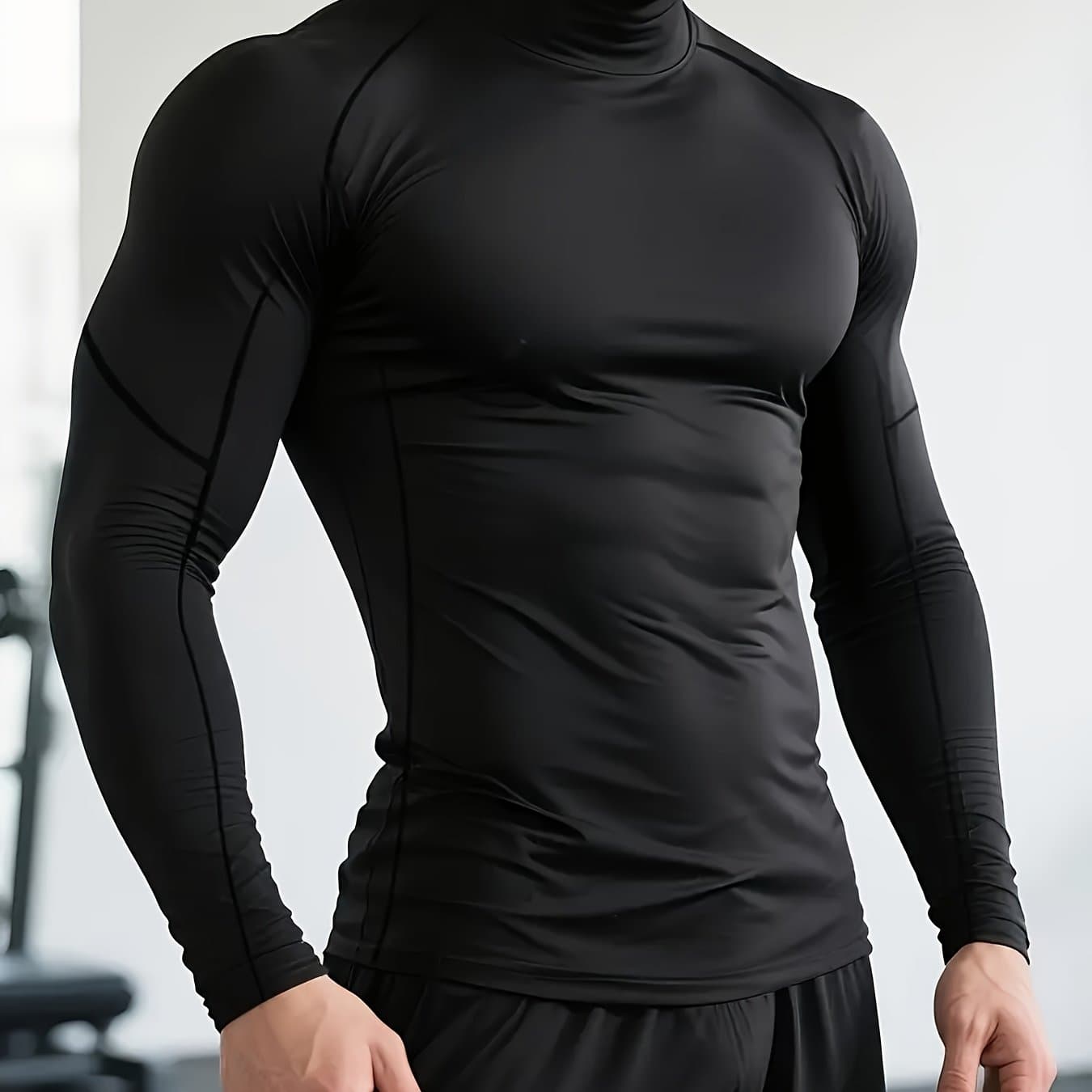 TEMU Men's High Collar Quick-drying Performance T-shirt, Breathable And Comfortable Round Neck High Elastic T-shirt, Suitable For Gym, Sports, Training And Running Casual Slim Fit Fitness Running Top