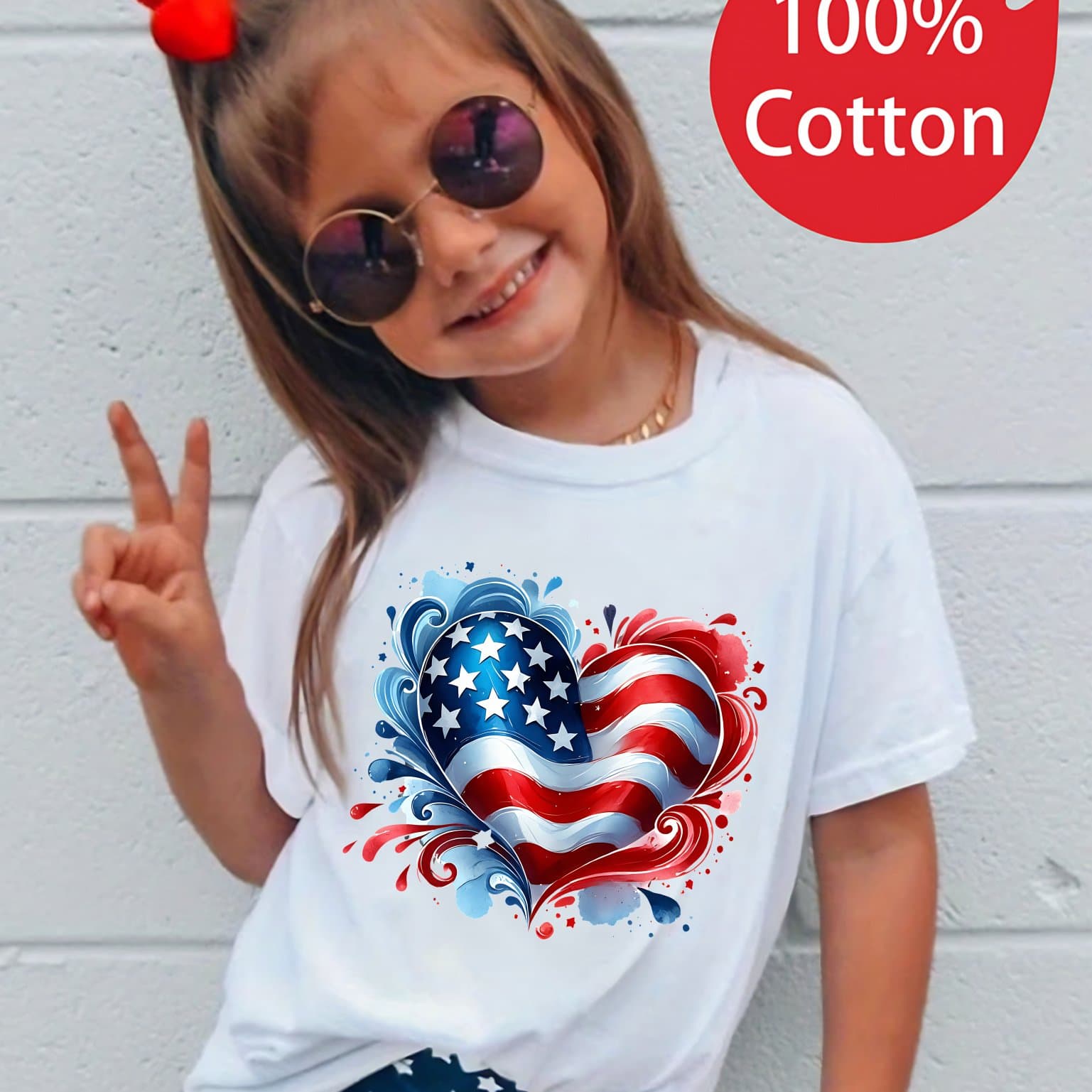 TEMU Day 1pc New Patriotic Heart With Short Sleeved 100% T-shirt Comfy Casual Tees For Girls