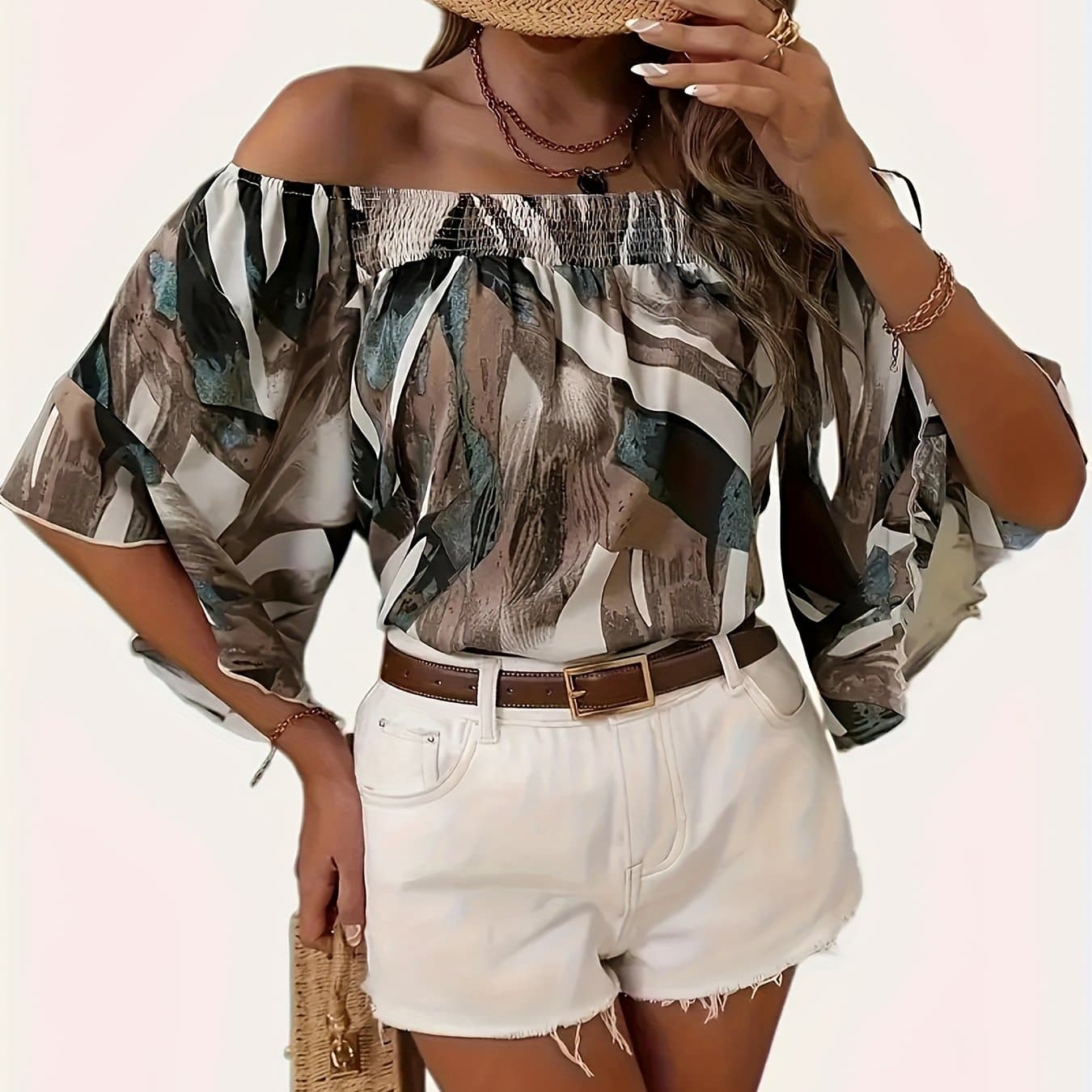 TEMU Tropical Print Loose-fitting Women's Shirt With Smocked Waist And Boat Neckline, Fashionable And Elegant