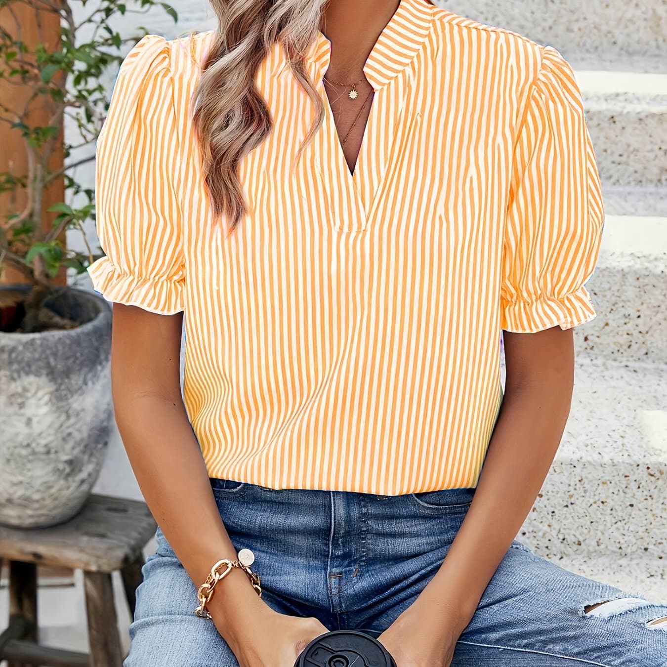TEMU Elegant Cute Striped Puff Sleeve Top Women's Clothing, Elegant Short Sleeve Blouse, Comfortable Summer Wear Suitable For Commuting Office Formal Elegant Outfit