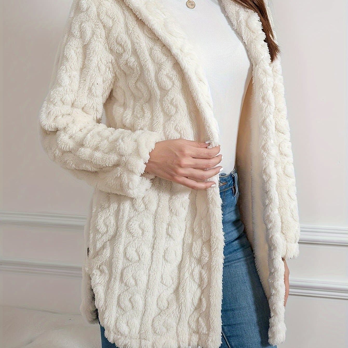 TEMU Elegant Polyester Fleece Hooded Jacket - Solid Color Knit Fabric Women's Fluffy Coat For Fall/winter