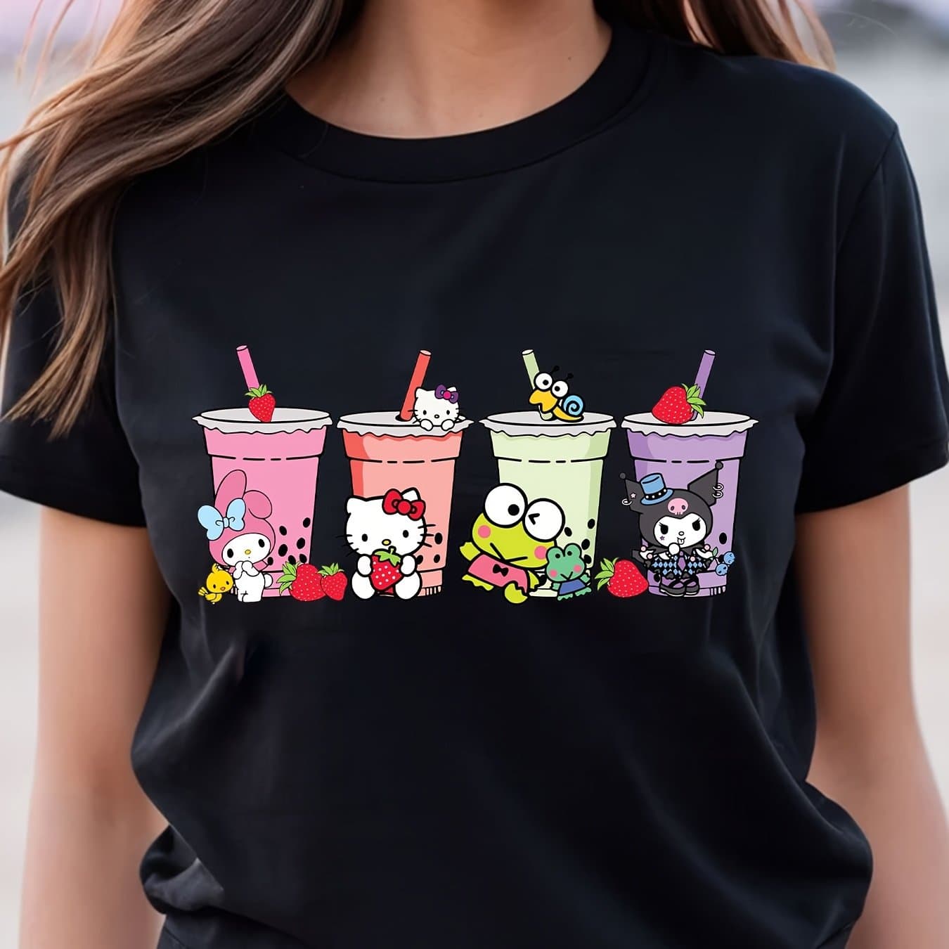TEMU Hello Kitty & Cartoon T-shirt – Cute Short Sleeve Cotton Tee For Women And Teens, Featuring Hello Kitty, Cinnamoroll, Kuromi, Melody, And Strawberry Milk Drinks, Spring/summer Casual Wear,