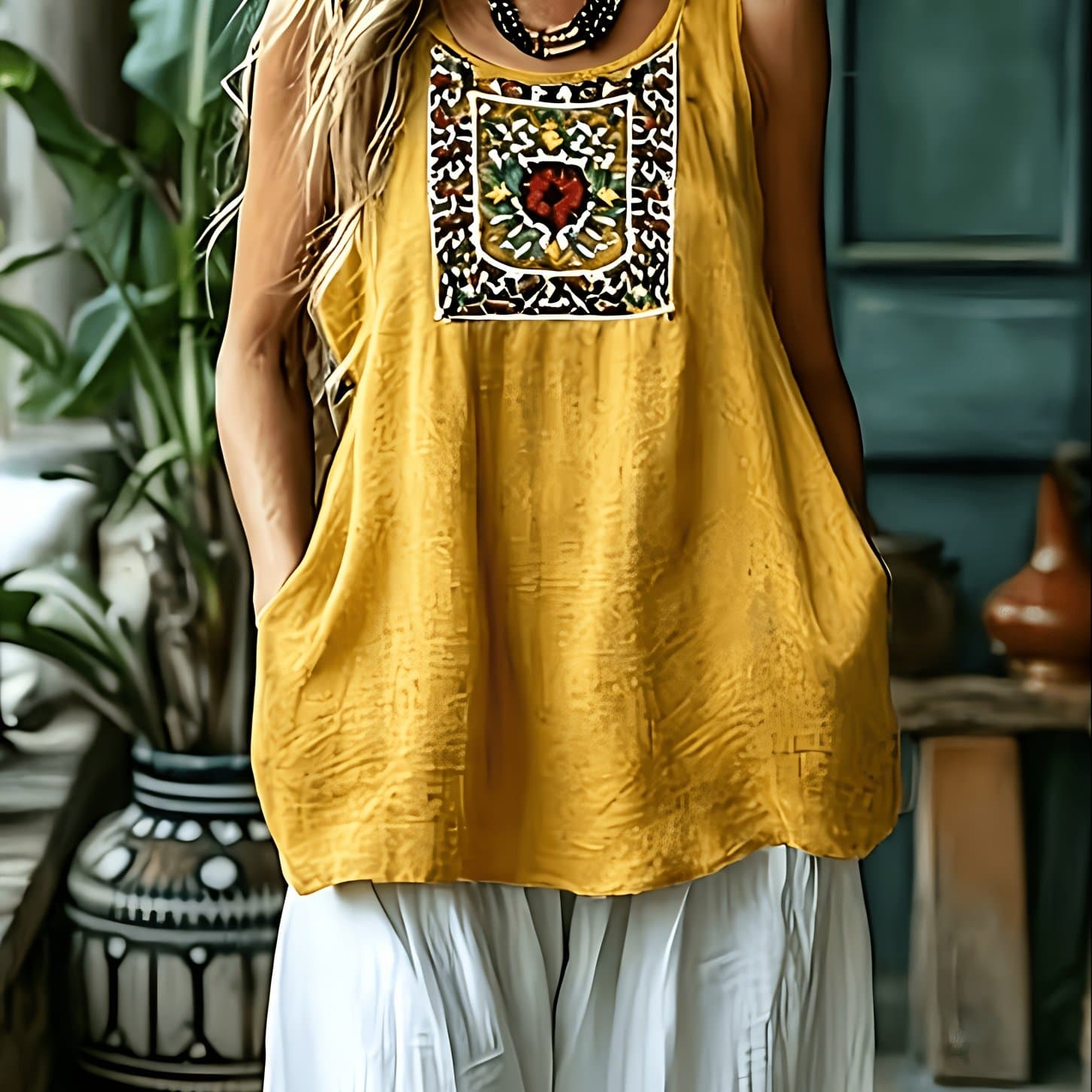 TEMU Bohemian Square Neck Vest, -like With Exquisite Floral Embroidery, With Pockets, Loose Fit - Sleeveless Long Top 0575