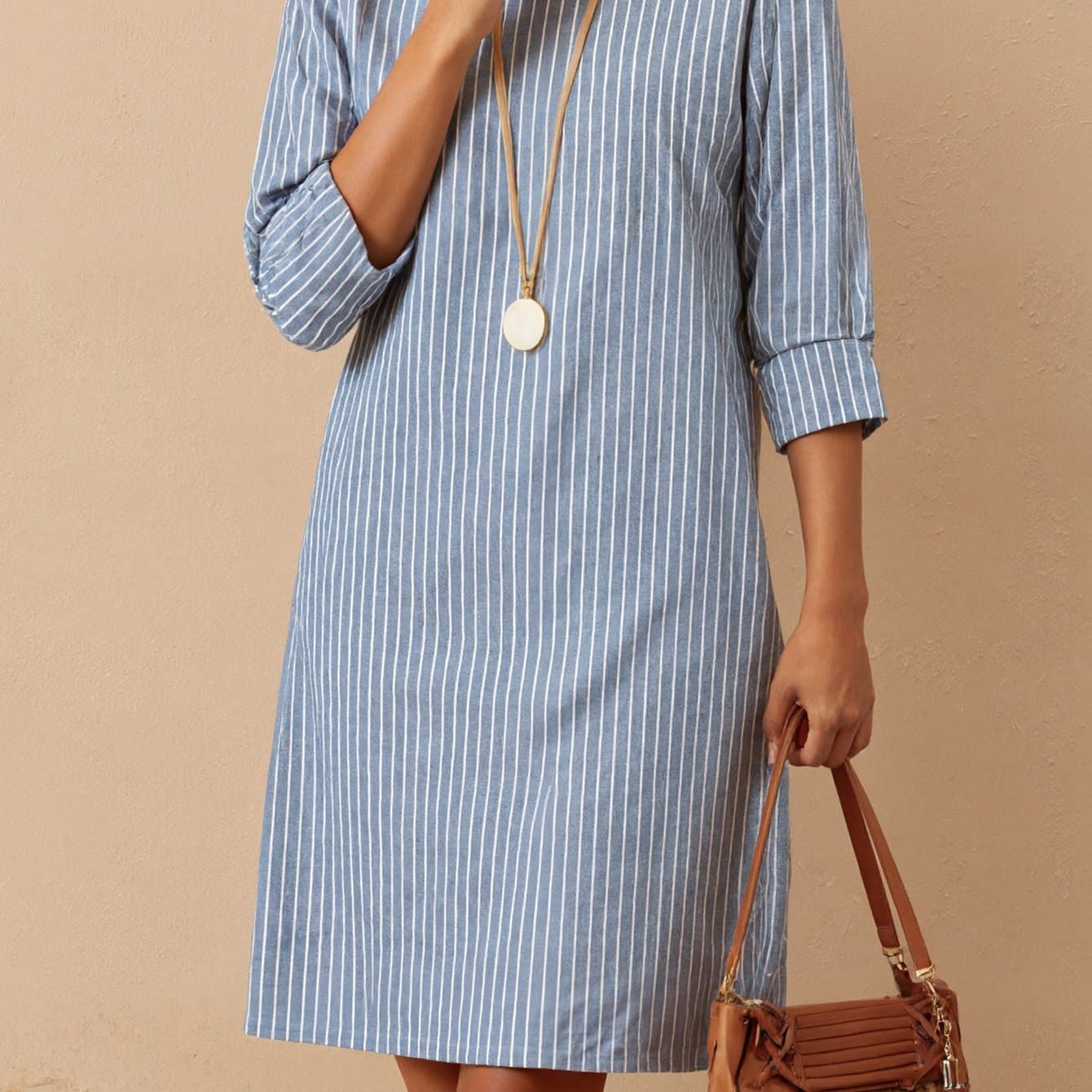 TEMU Early Spring Women's Fashion Solid Color Striped Print Versatile Outerwear Commuter Style Long Dress For White-collar Office Workwear Autumn Dress