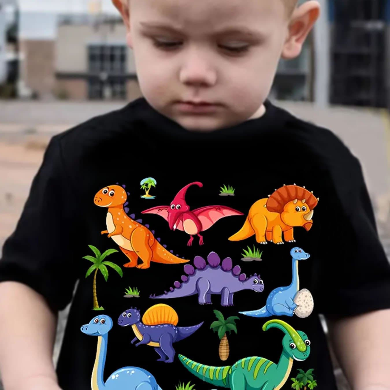 TEMU Cartoon T-shirt For Boys And Girls Dinosaur Pattern Breathable And Comfortable Short Sleeve Round Neck -8 Years Wear