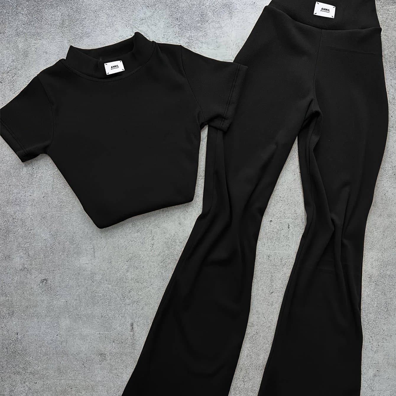 TEMU Women's 2pcs Set: Elegant Cropped Solid Color Turtleneck Stretchy Short Sleeve Inner T-shirt And High-waist -lifting Flared Micro-flare Pants Set Pb-1190-2