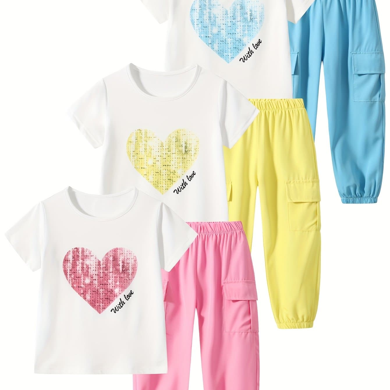 TEMU 6pcs Girls Casual Love Print Summer Set 8 Years Old Girls Round Neck Short Sleeve Dopamine Work Pants 10 Years Old Children's Clothing Children's Clothing Summer, Perfect For Outdoor