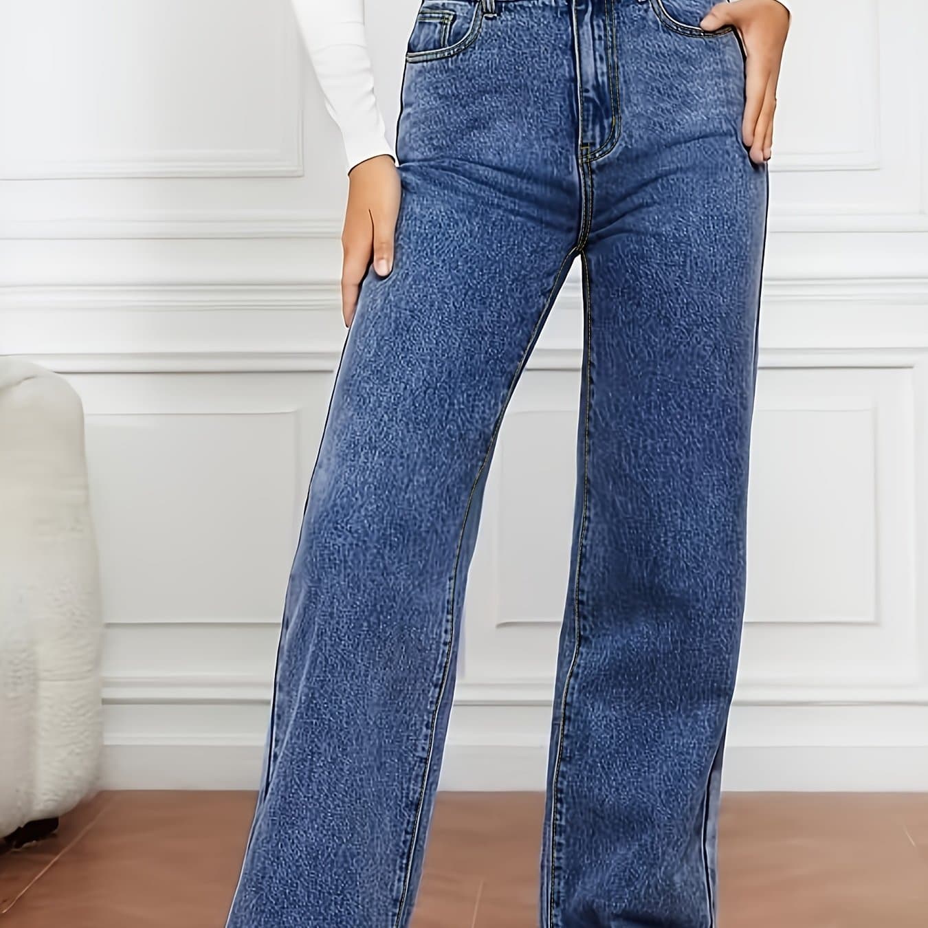 TEMU Light Blue Denim Zip Closure Straight Denim Trousers, High-waisted Street, , Casual And Versatile, Loose Four- Size Jeans