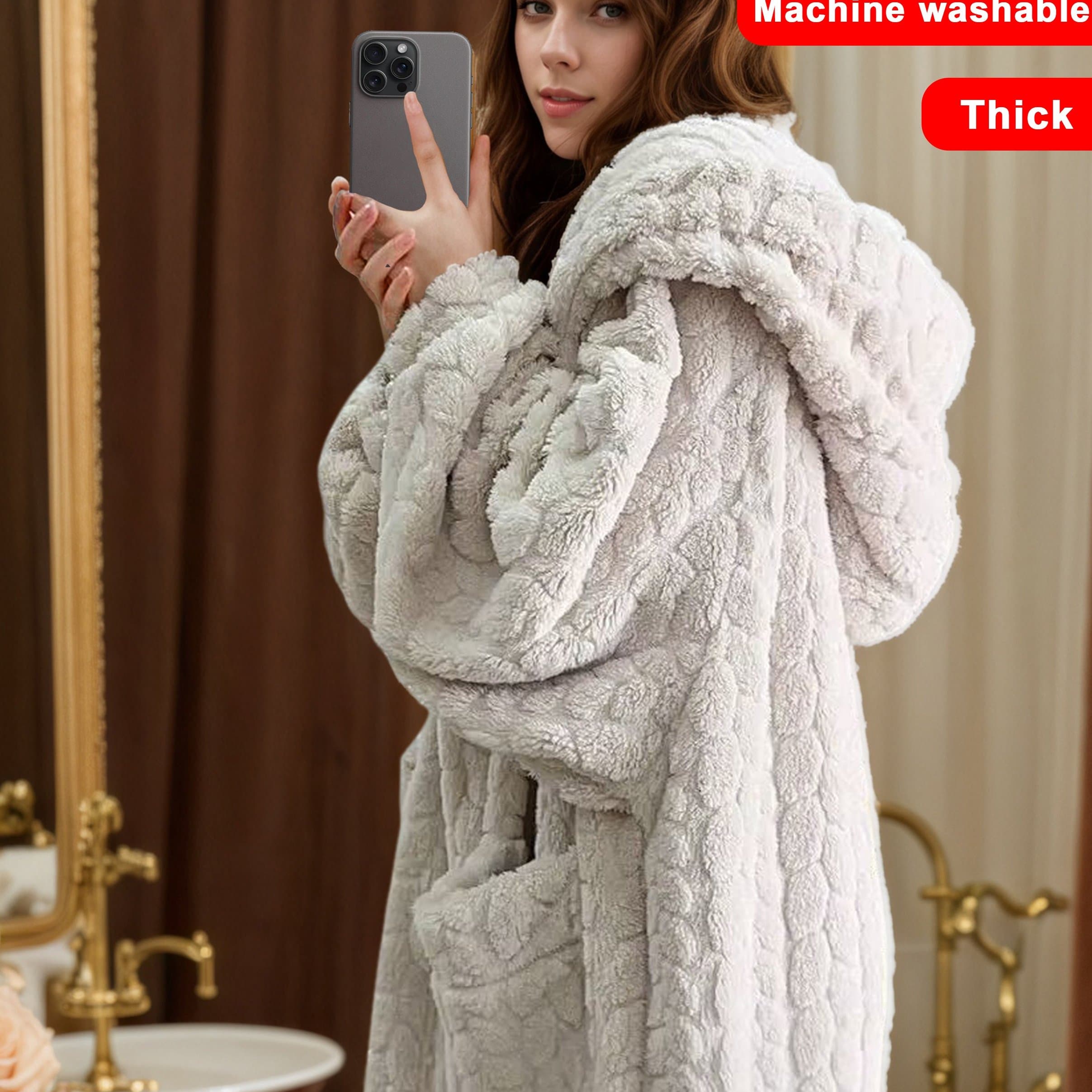 TEMU Autumn/winter Jacquard Flannel Women's Hooded Robe, Long Loose Size Loungewear, Thickened Plush For , Bathrobe For Bathroom, With 2 Pockets, Machine Washable
