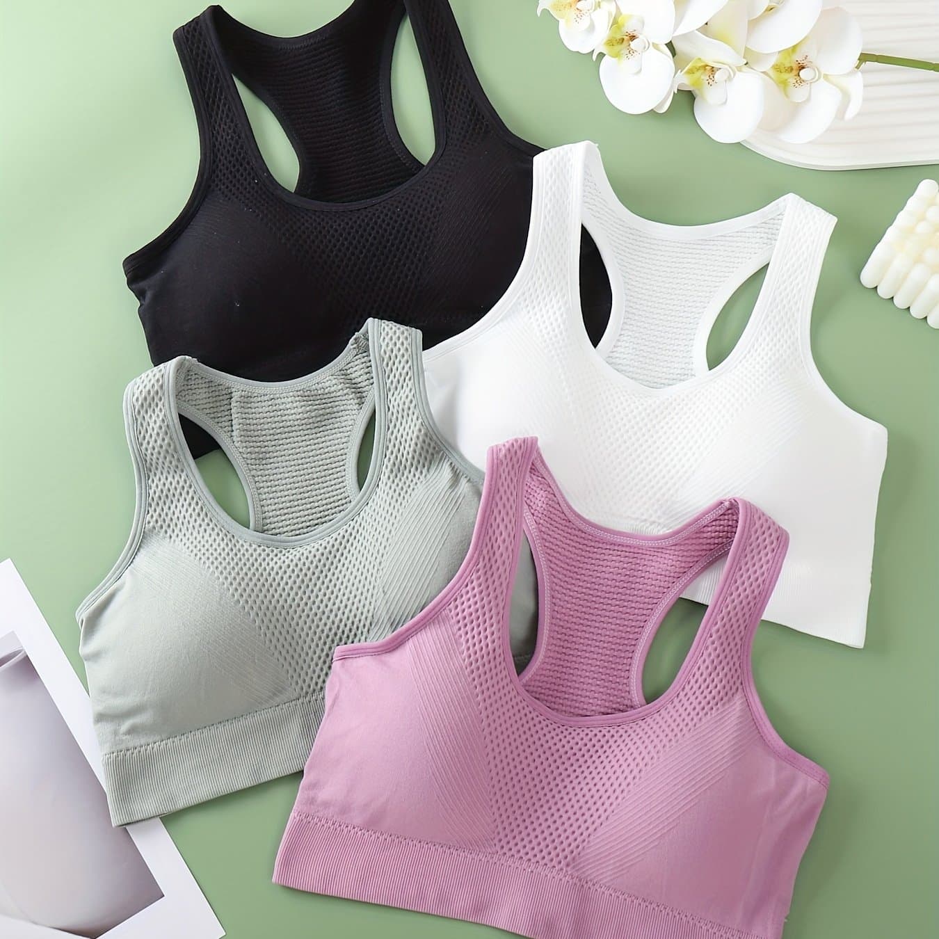 TEMU 4pcs Women's Sports Bra Tank Top Set, Spring/summer Style With Padding For Outer Wear And Underbust Coverage
