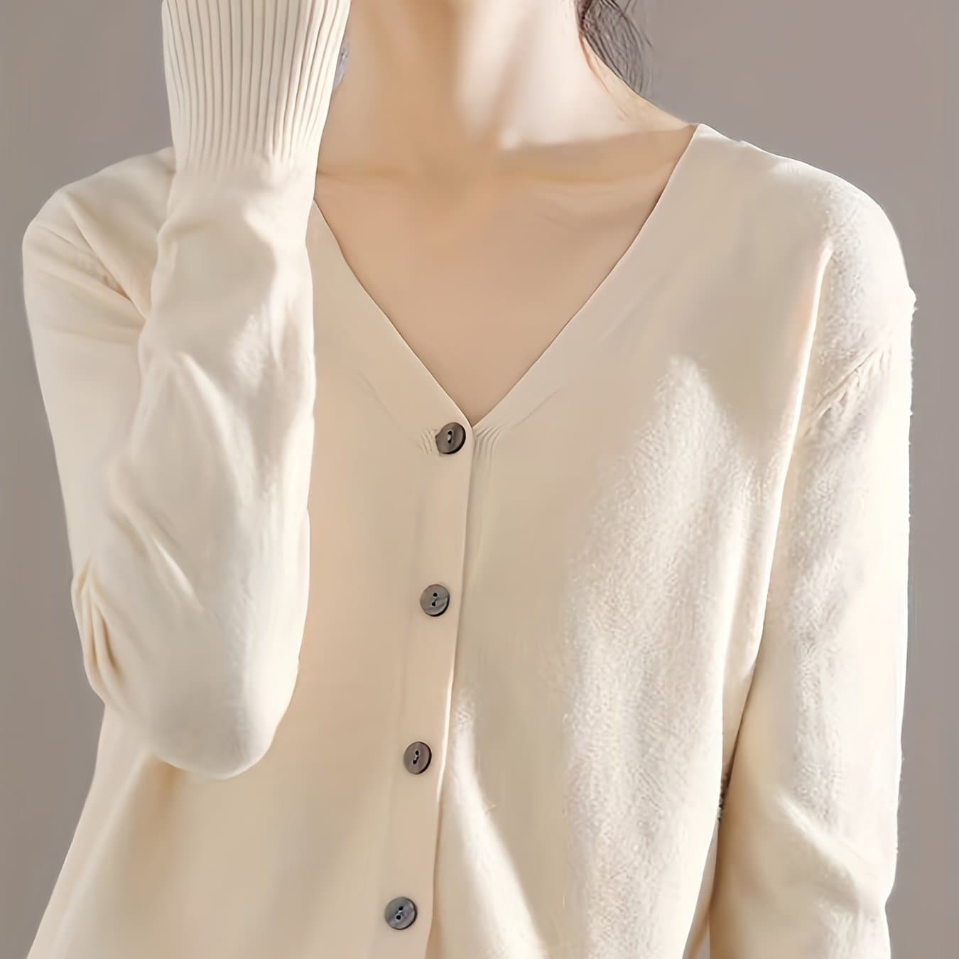 TEMU Solid V-neck Cardigan - Simple, Elegant, And Versatile Women's Top