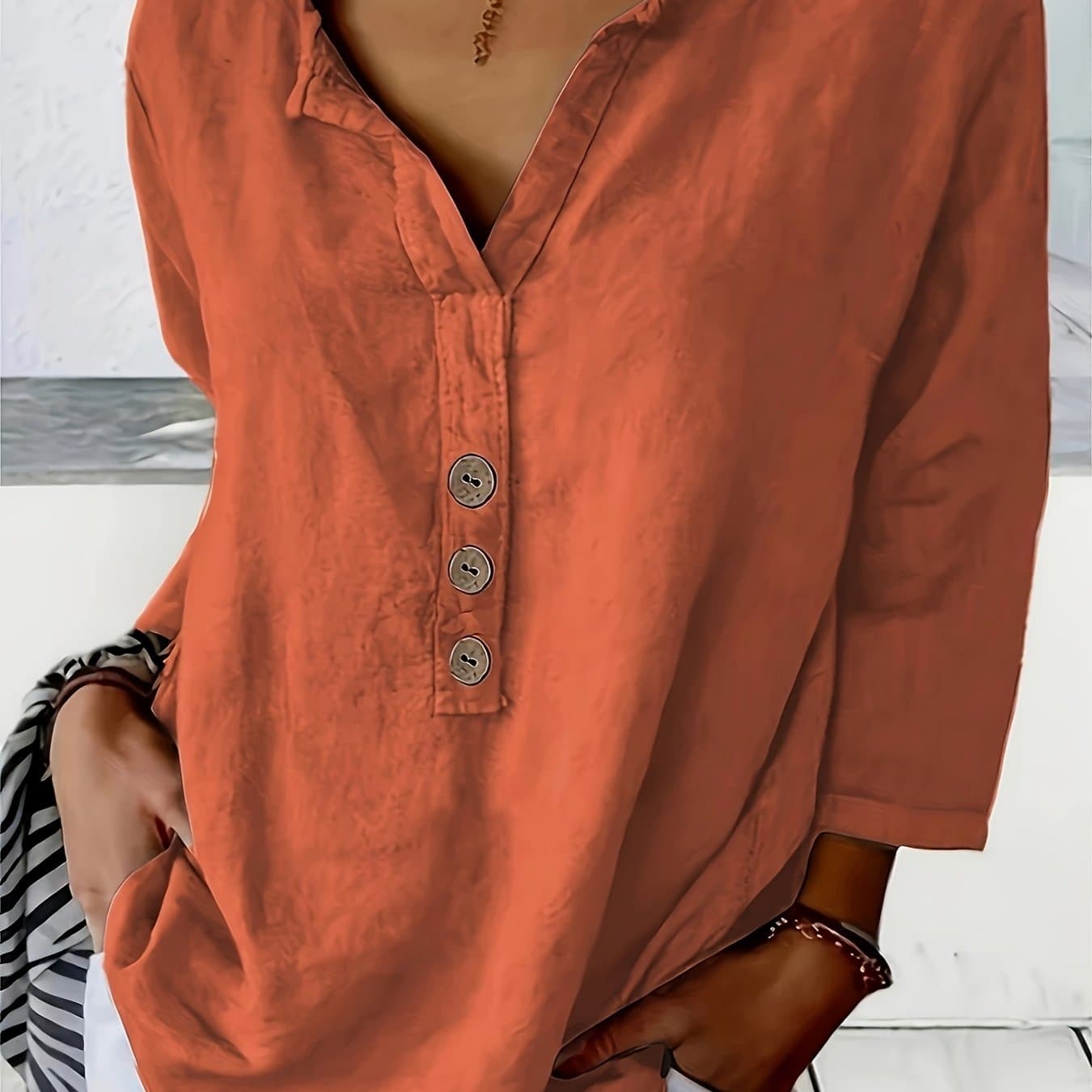 TEMU Plus Size, Women's Elegant Long Sleeve Shirt - Soft Shirt With V-neck And 3 Button Details, Non-transparent Machine Washable, Ideal For Vacation And Spring/summer