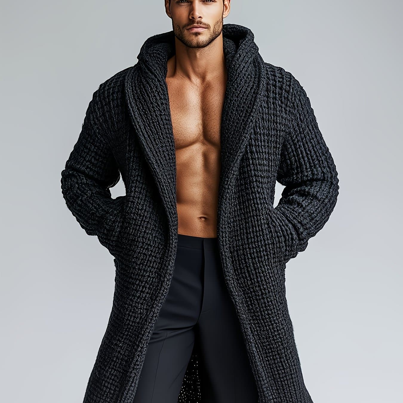 TEMU Men's Knit Long Hooded Cardigan