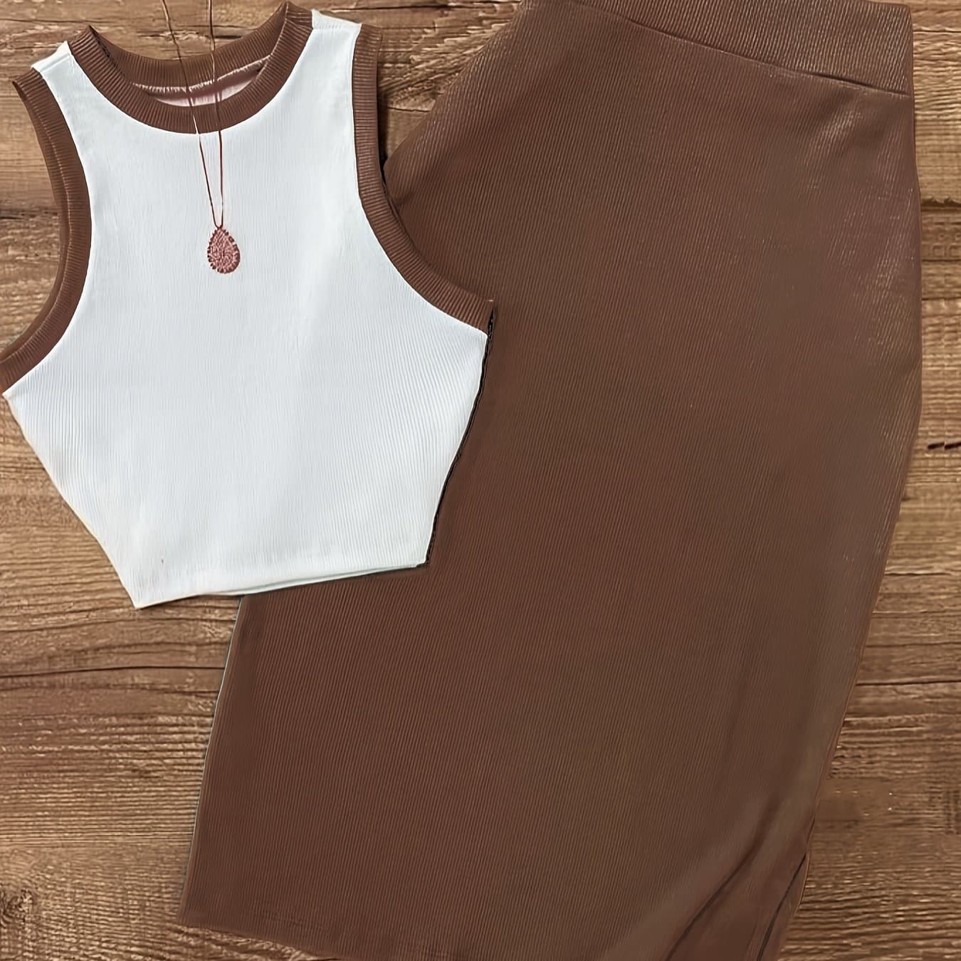 TEMU Elegant Color- Body-hugging Half-skirt With A Fitted Sleeveless Round-neck Tank Top