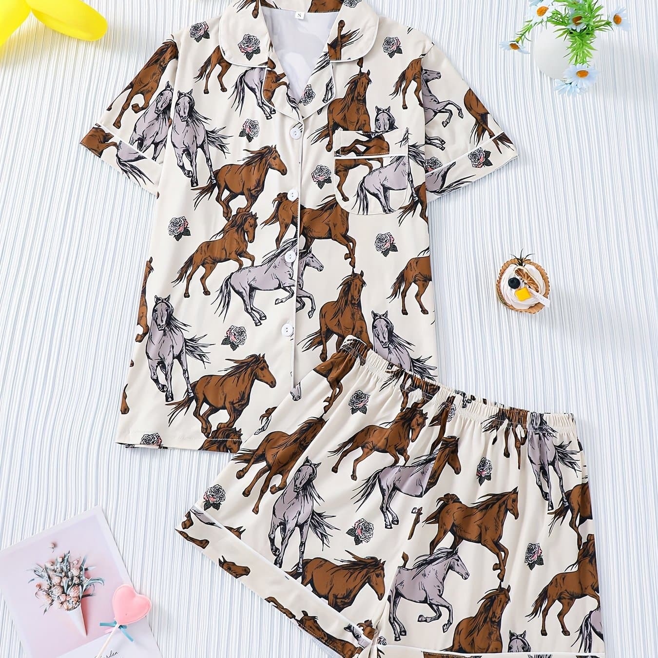 TEMU Summer Women's Pajamas Short Sleeve Shorts Thin Cardigan Comfortable Set Animal