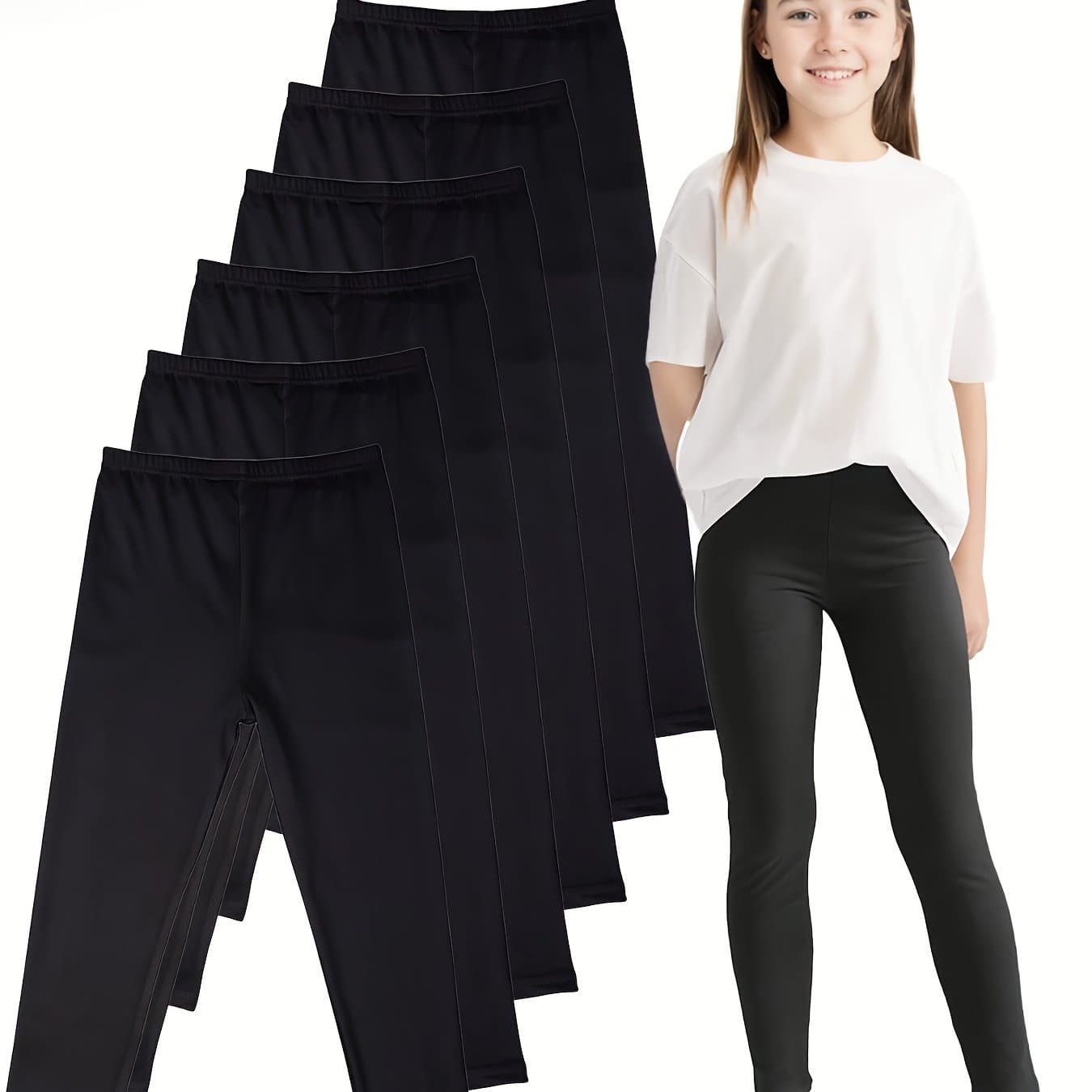 TEMU 6-strip Pc Girls' Black Easy Versatile Comfortable Outerwear Elastic Inner Leggings (size Runs Small, Please Order 1 )