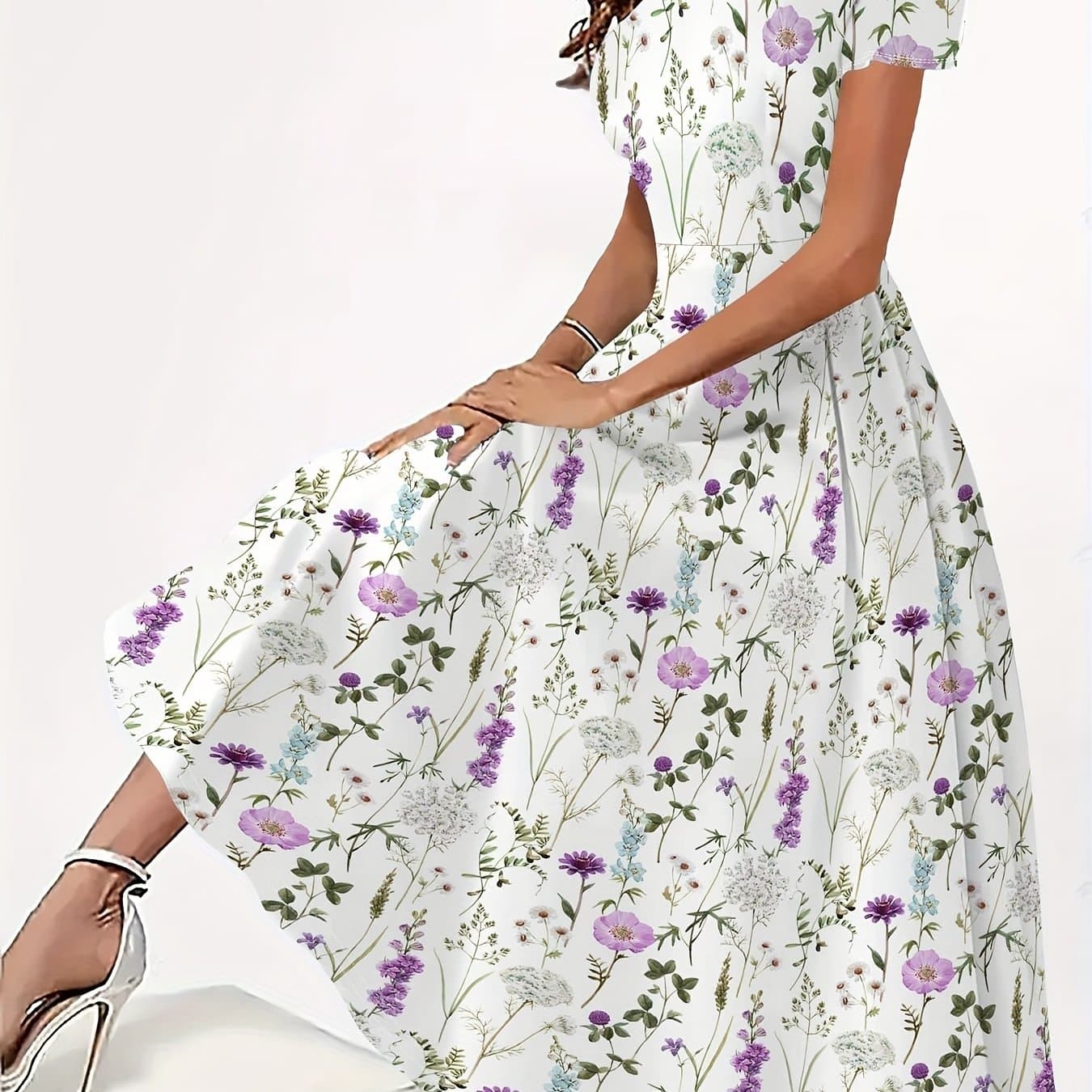 TEMU Women's Vintage A-line Maxi Dress - Short Sleeve Floral Print Wedding Guest Dress, Spring Summer Fall Party Dress With & Purple/green Flowers, Machine Washable Casual Attire