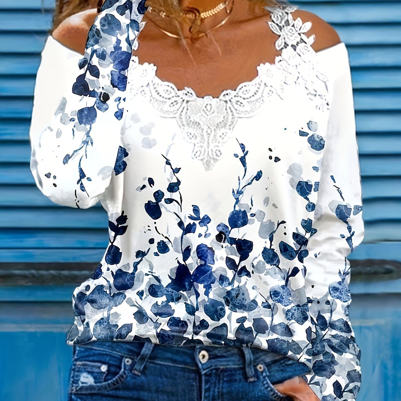 TEMU Spring And Autumn New Casual Plant Print Lace T-shirt Off-shoulder Long-sleeved Top