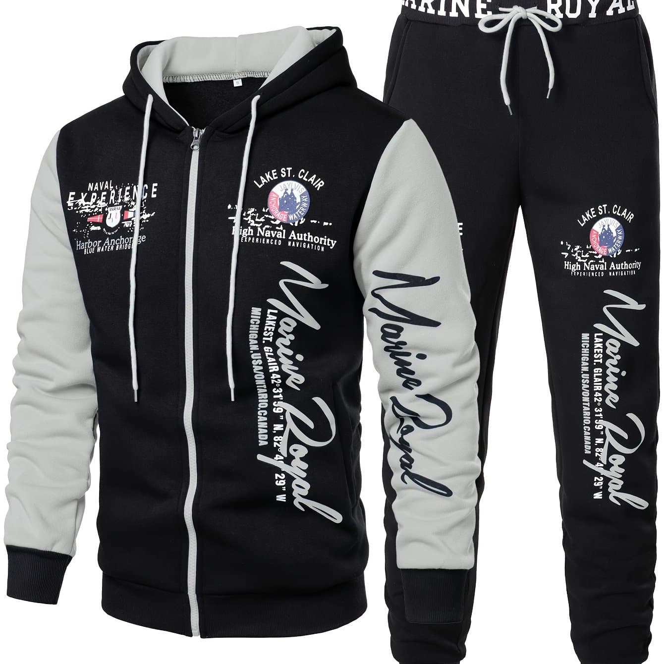 TEMU Men's Hiphop Outfit, Letter Print Long Sleeve Full-zip Casual Jacket And Loose Jogger Pants, Sweat Suits Tracksuit Set Acticve Sports Suit For Men