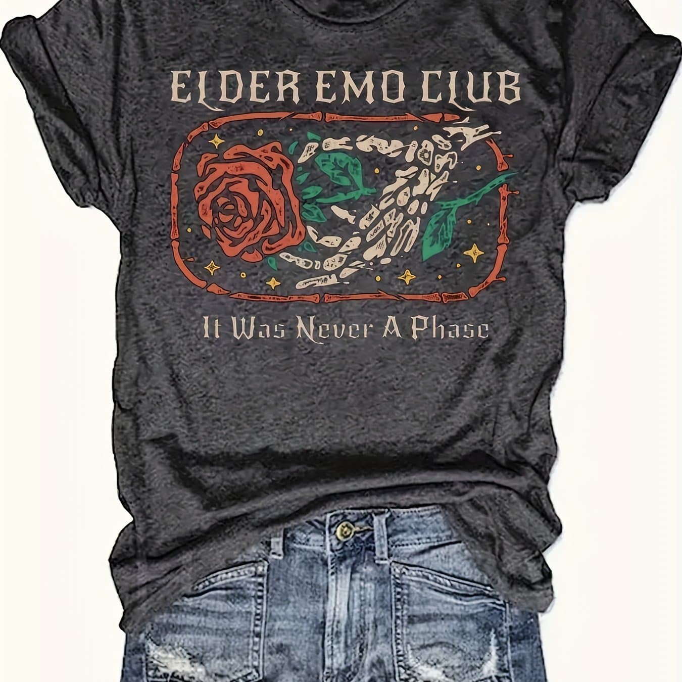 TEMU Short Sleeve Crew Neck Skull & Rose Graphic Print T-shirt - Soft Micro Elastic Polyester Fabric, Casual Alphabets Pattern, Regular Length, Perfect For , Womens