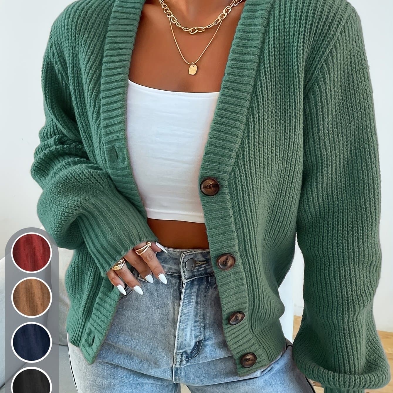 TEMU Self-designed Elegant Women' Color Front-button Cardigan Sweater Coat For Spring And Autumn