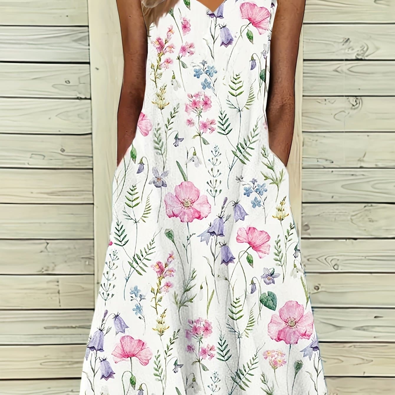 TEMU Casual Fashion Floral Print V-neck Sleeveless Dress