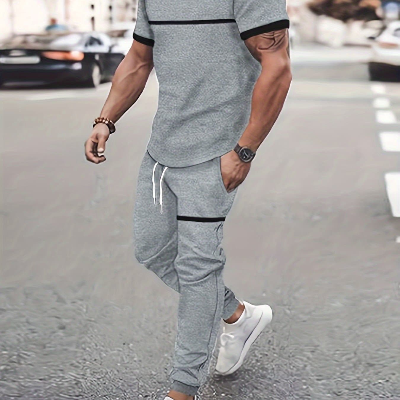TEMU Men's 2pcs Clothing, Casual Round Neck Short Sleeved T-shirt And Drawstring Sports Pants Jogging Pants, Plus Size