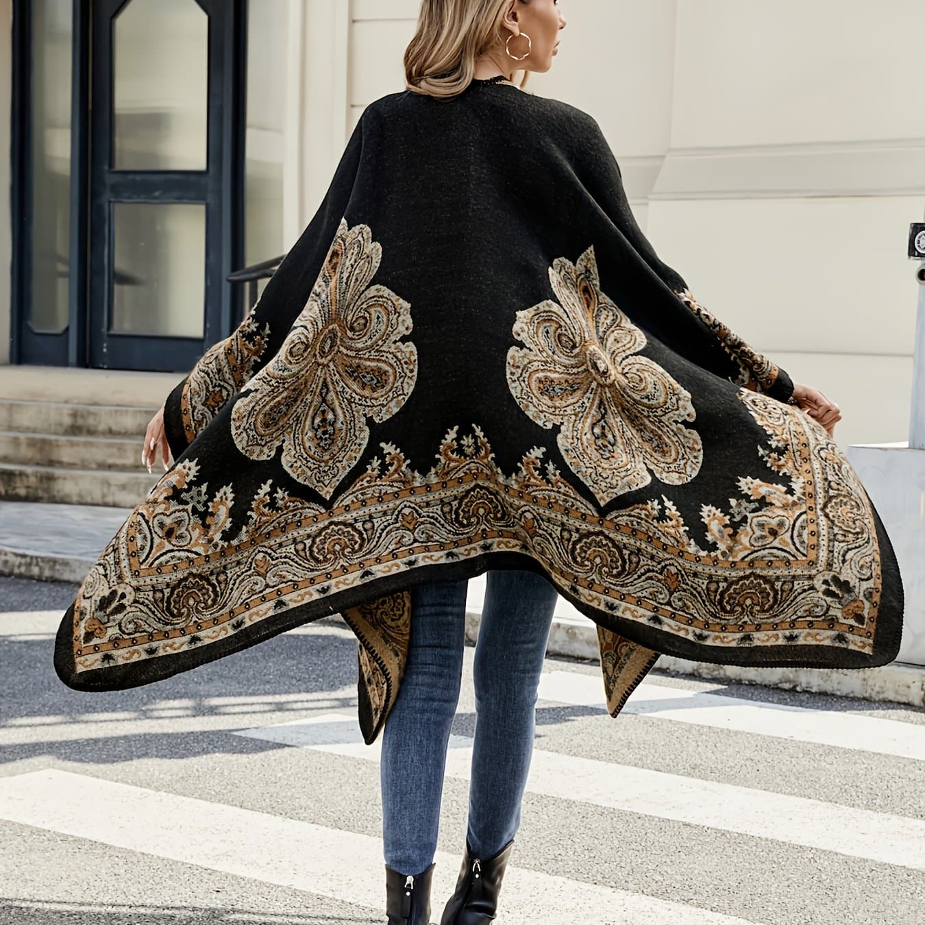 TEMU Plus Size - Plus Size - Plus-size Reversible Thickened Autumn And Winter Cashmere Paisley Patterned Warm Sleeveless Coat Cape Shawl Outerwear