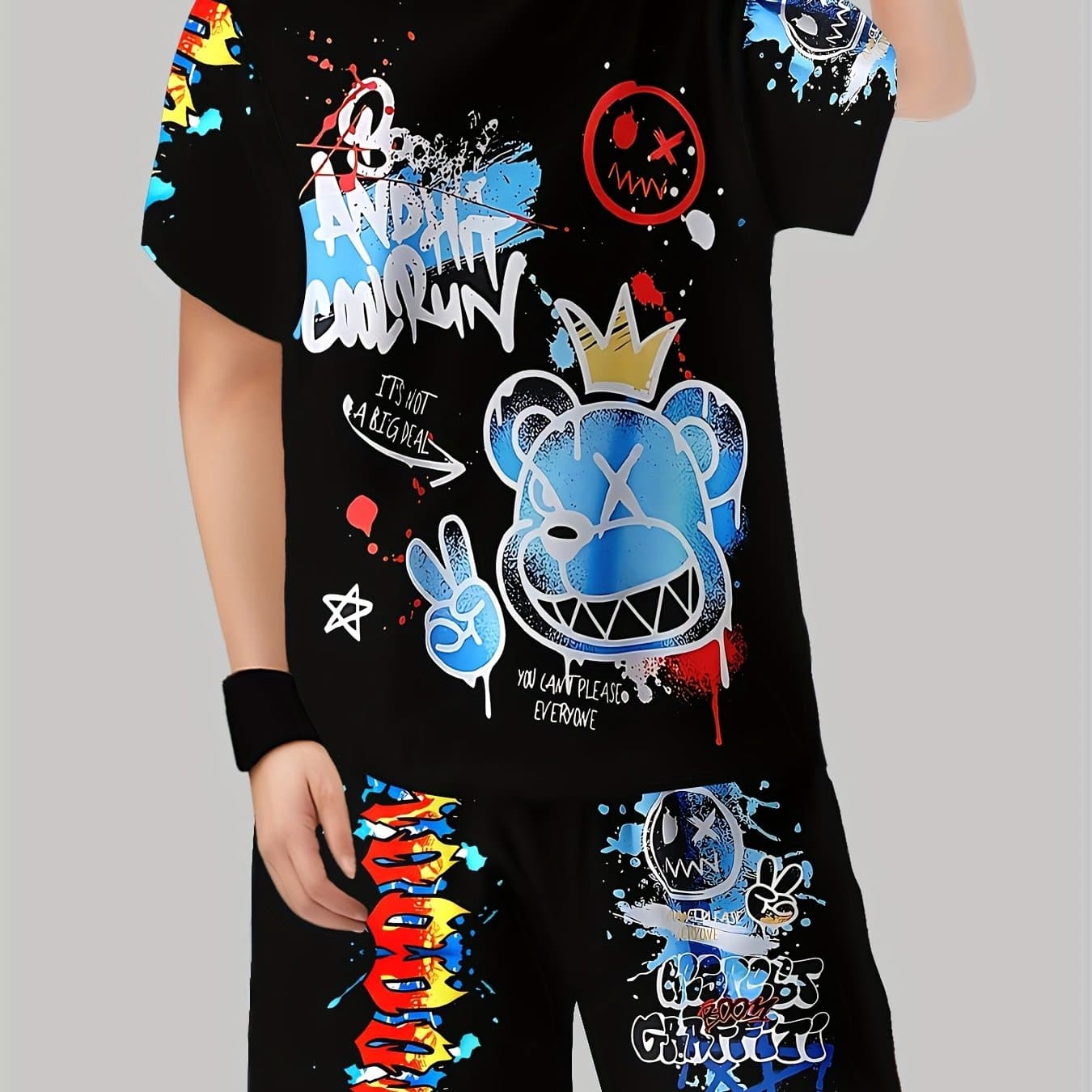 TEMU Boys' Printed Casual Pullover Short Sleeve Shorts T-shirt, Boys Outdoor T-shirt Shorts Set, For Outdoor