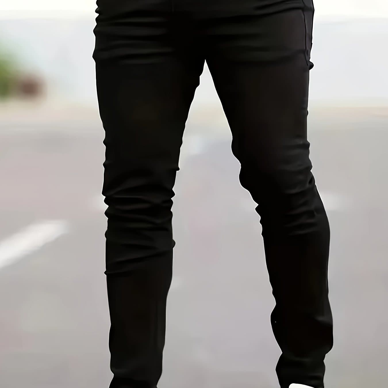 TEMU Men's Slim-fit Black Jeans - Stretch Denim, Mid-rise, Casual Skinny Pants For All
