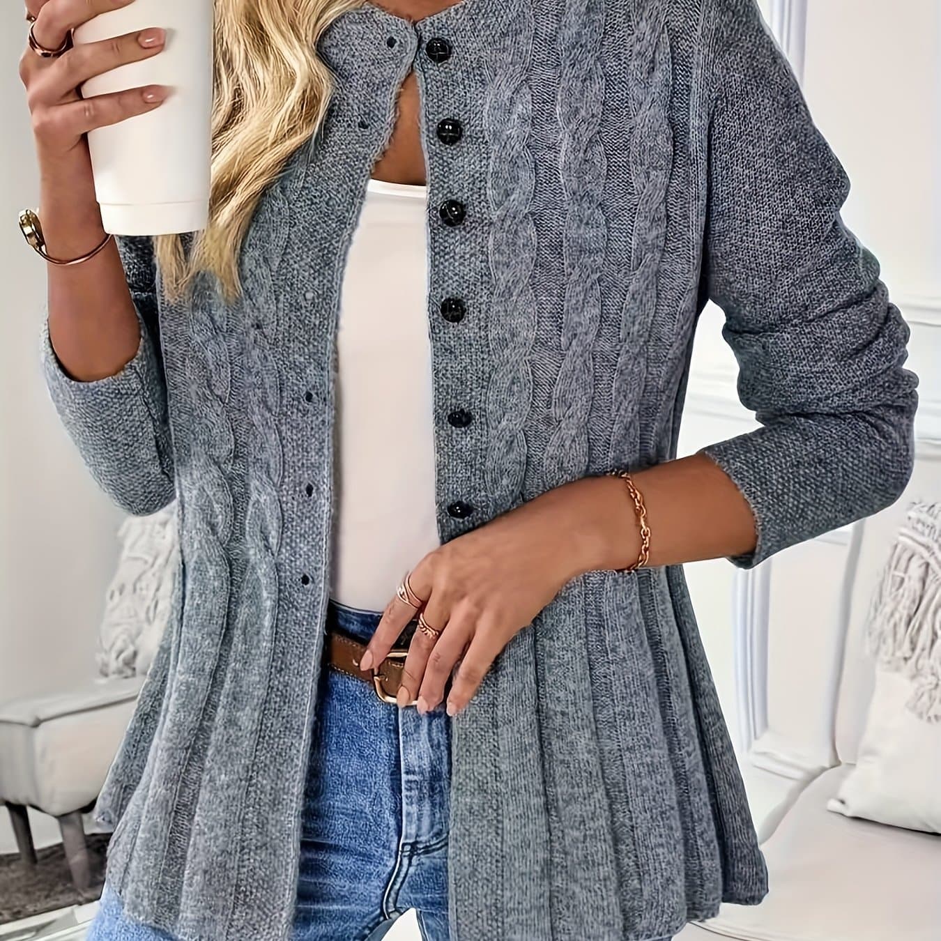 TEMU Women's Slim-fit Elegant Cardigan - Soft Sleeve Button- Crew Neck Sweater For Spring/autumn, Cas To Semi-formal Shell, Textured Top, Spring Outerwear, Front Design