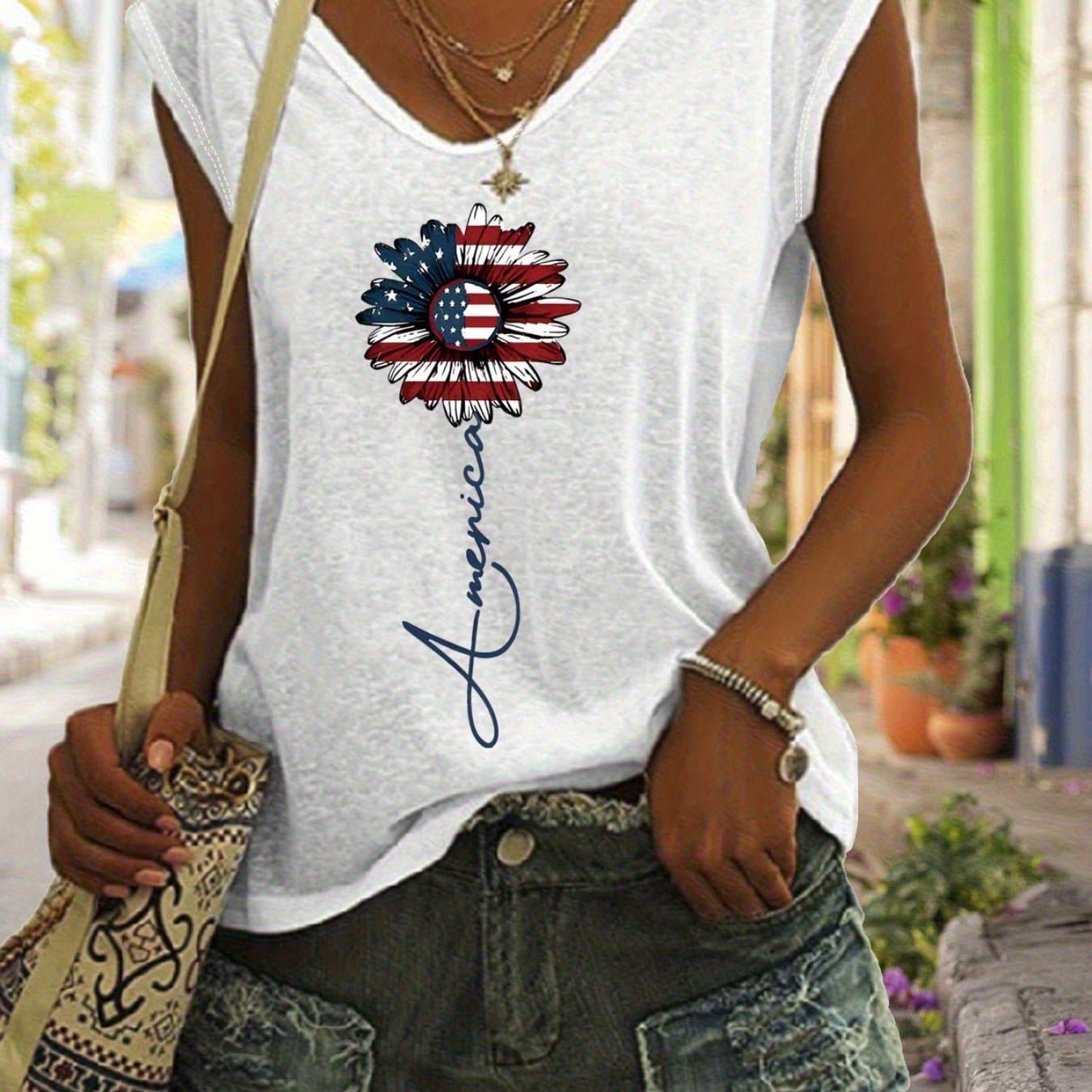 TEMU Women's Casual V-neck Vest With , Letters And Pattern Printing, Regular Version, Spring And Summer Fabric, Women's Printed Vest With Letters And Patterns