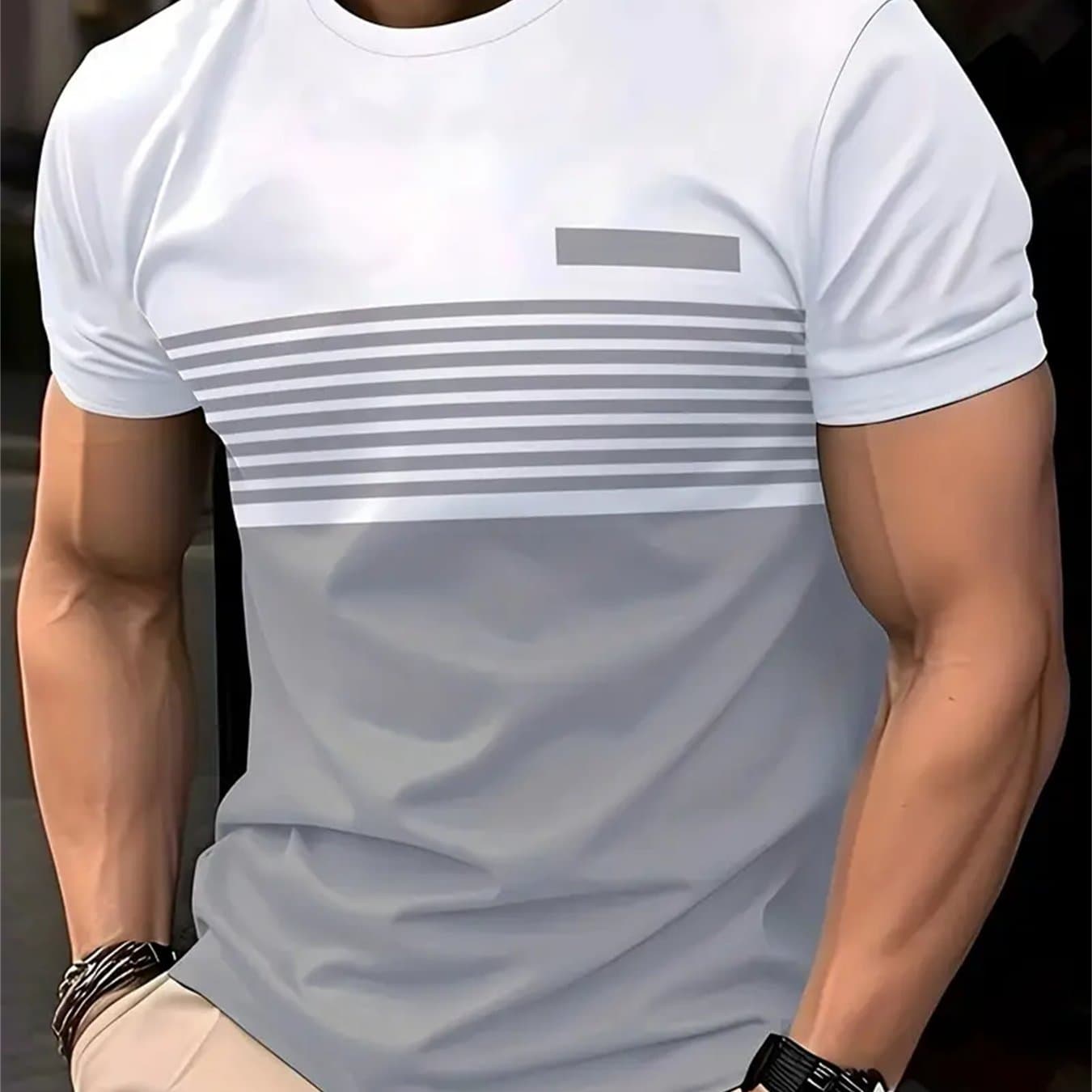 TEMU 2024 Summer Loose Short Sleeve Gray Striped T-shirt Fashion Brand Men's Round Neck Short Sleeve Casual Multicolor Clothing