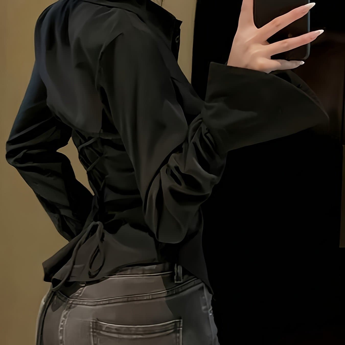 TEMU Elegant Direction Women's New Autumn And Winter Solid Color Drawstring Back Flared Long Sleeve Slim Fit Elegant Shirt