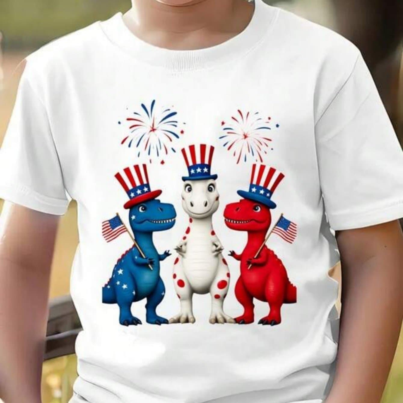 TEMU 1pc Kids' Dinosaur Flag Print White Tshirt, Crew Neck, Casual Cotton Tee, Medium Stretch Knit Fabric, Regular Fit For Boys& Girls Children, Alphabet Pattern, For Spring- Summer- Fall , Labor Day,