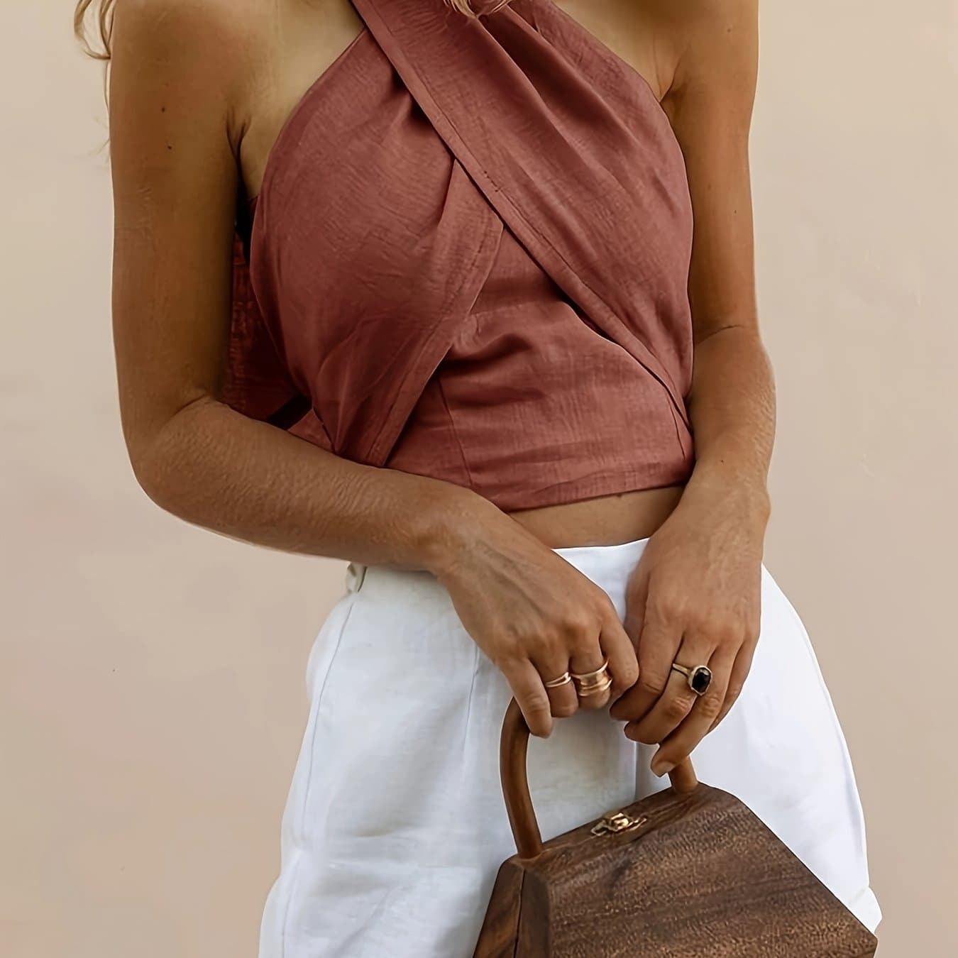 TEMU Women's Y2k Solid Color Strap High Neck Top - Summer Short Sleeve Blouse With Crisscross Detail, Machine Washable Shirt, Warm Weather Clothing, ,