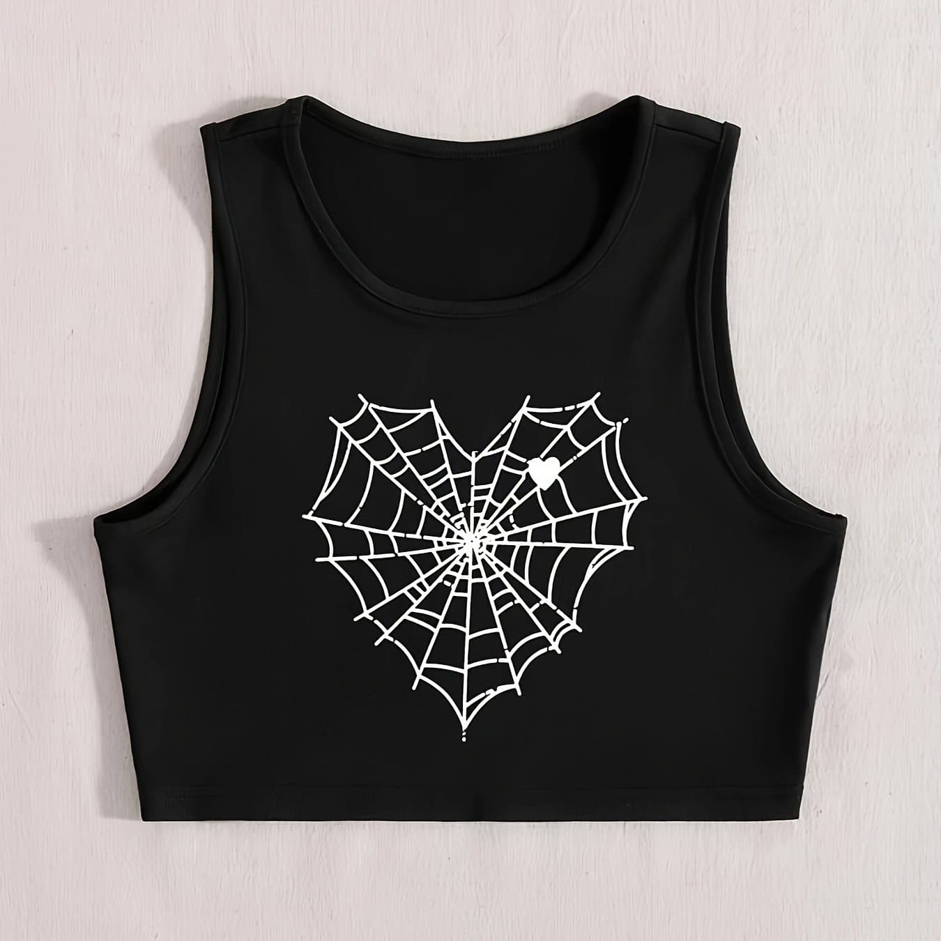 TEMU Sleeveless Neck Top - Spider Web Positioning Print Sleeveless Shirt Suitable For Spring Summer Fall, Casual Beachwear Blouses