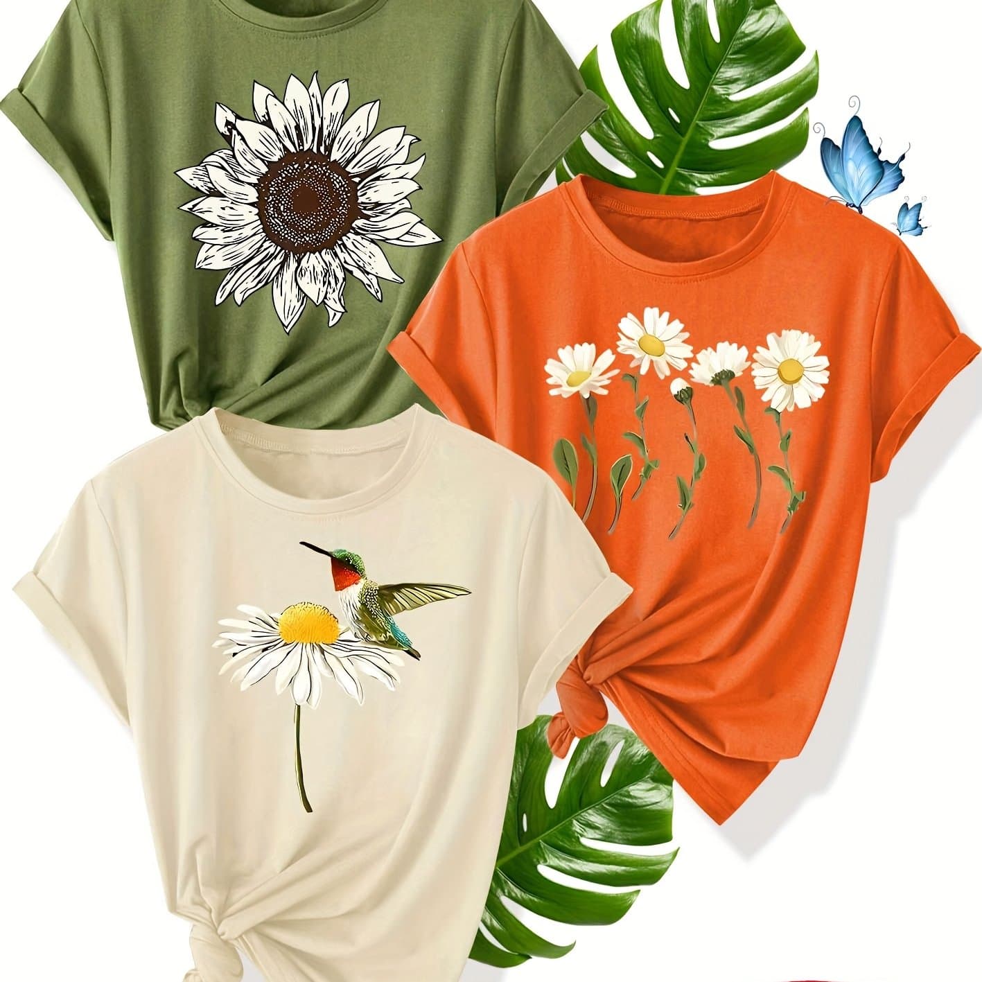 TEMU Multi-flower Three-piece Set: , Pack, Sisters' Pack - Printed Vintage Style Women's Summer Casual Sporty Round Neck Short Sleeve T-shirt In Colors