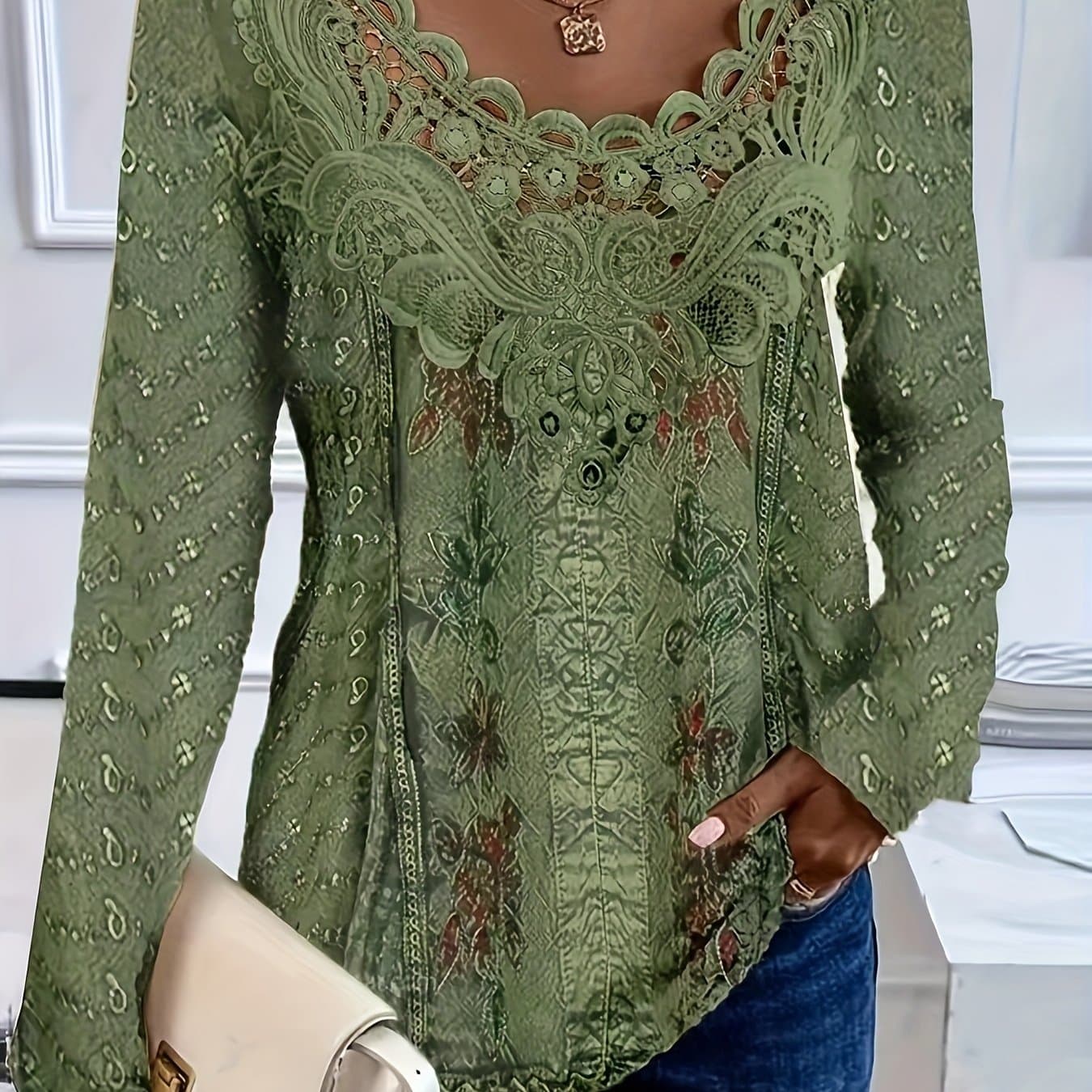 TEMU Spring And Autumn Printed Long Sleeve Lace Collar Elegant Women's T-shirt