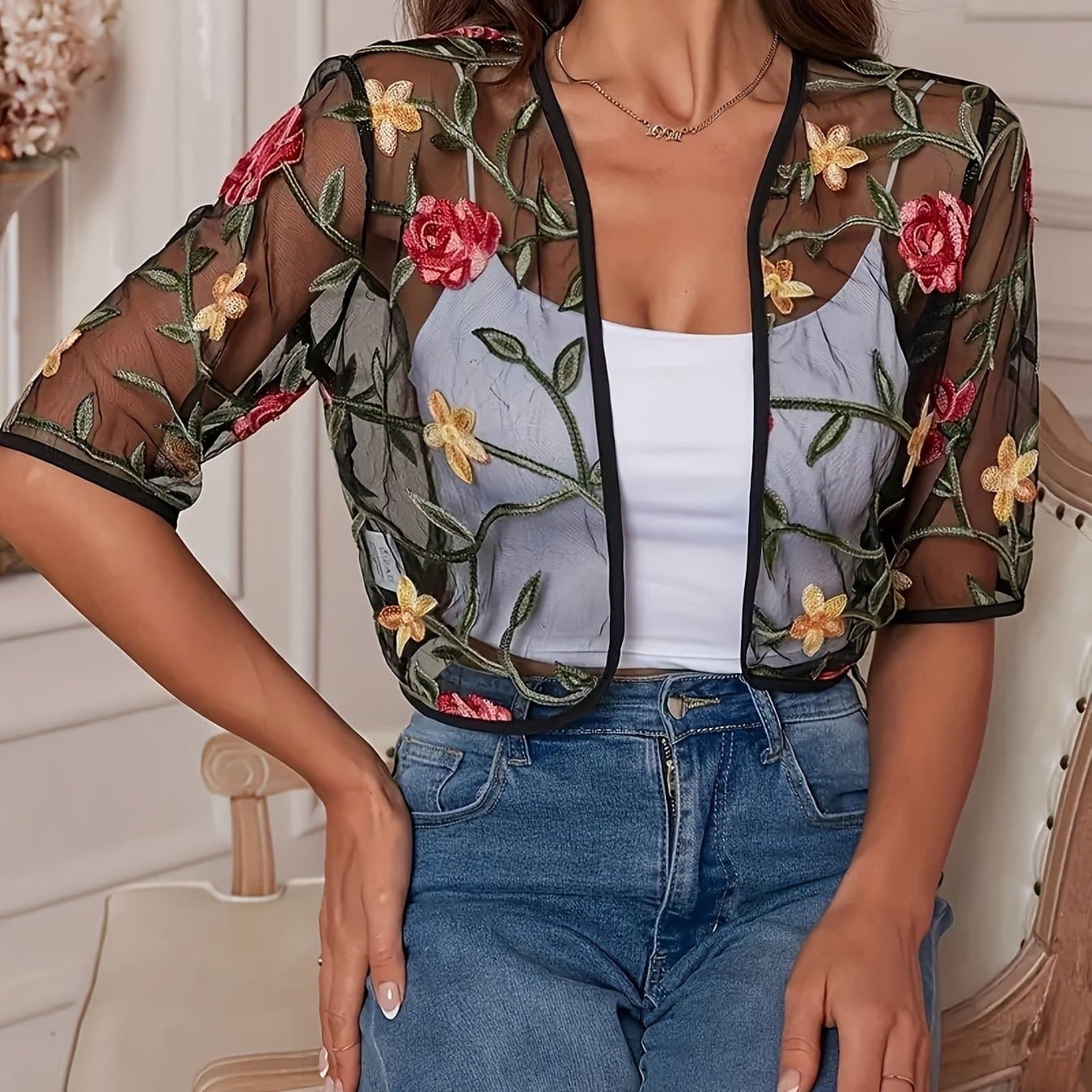 TEMU Ladies' Elegant Mesh Rose Embroidered Short-sleeve Top