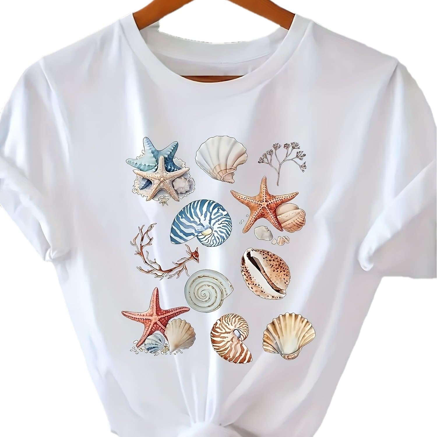 TEMU Casual Women's - Light Beige Starfish, Shell, And Coral Pattern Top- Soft Daily Summer Round Neck Shirt- Machine Washable Coastal Vacation Outfit