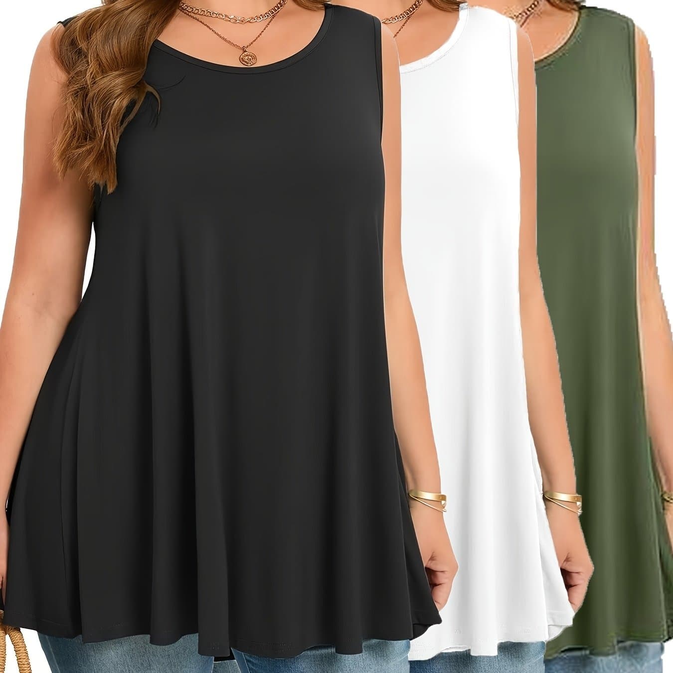 TEMU Plus Size, 3pcs Solid Color Women's Plus Size Sleeveless Cinched Waist Top, Round Neck Vest, Loose Fit
