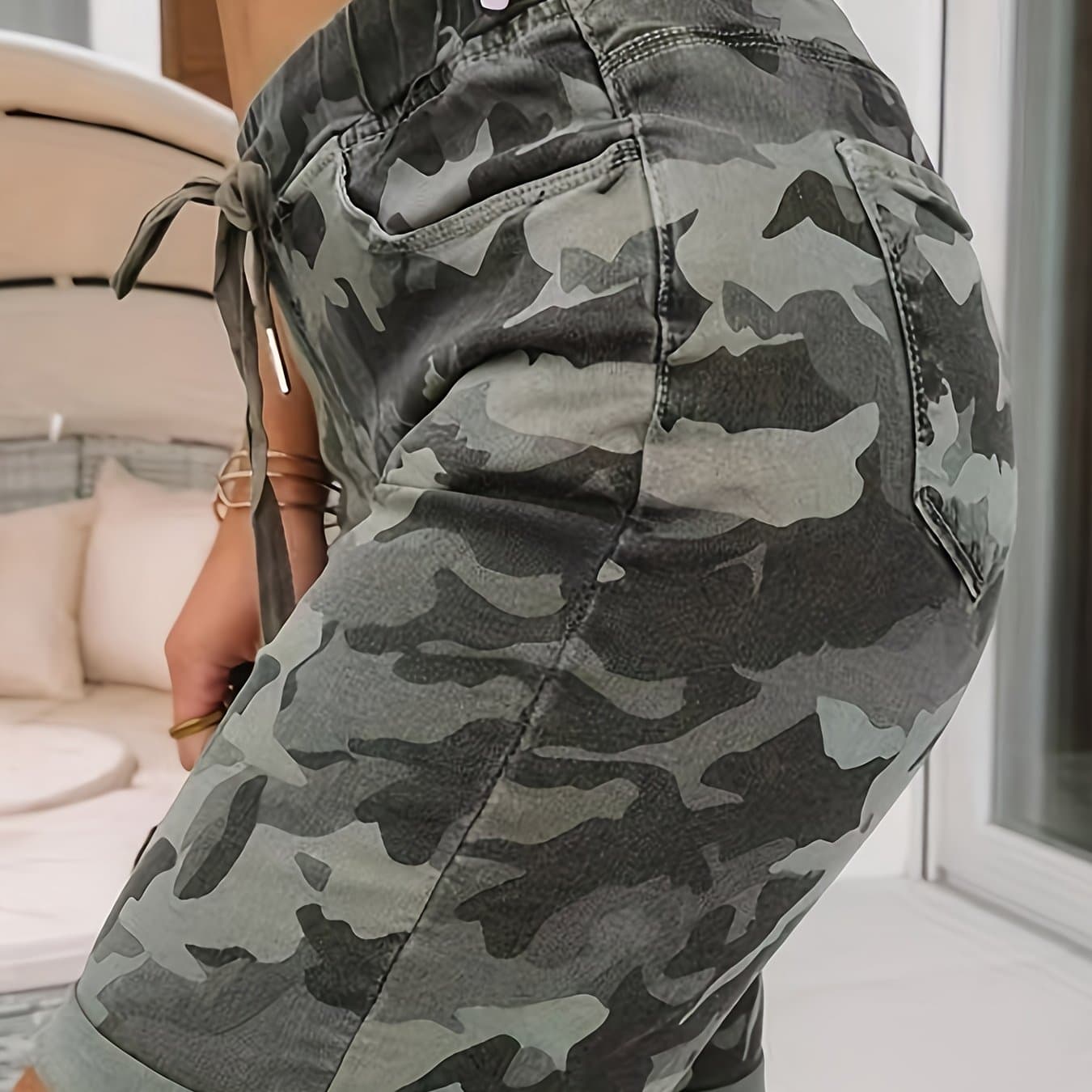 TEMU Women's Camouflage Denim Shorts Featuring An Elastic Waist And Drawstring - Trendy And Comfortable Summer Wear