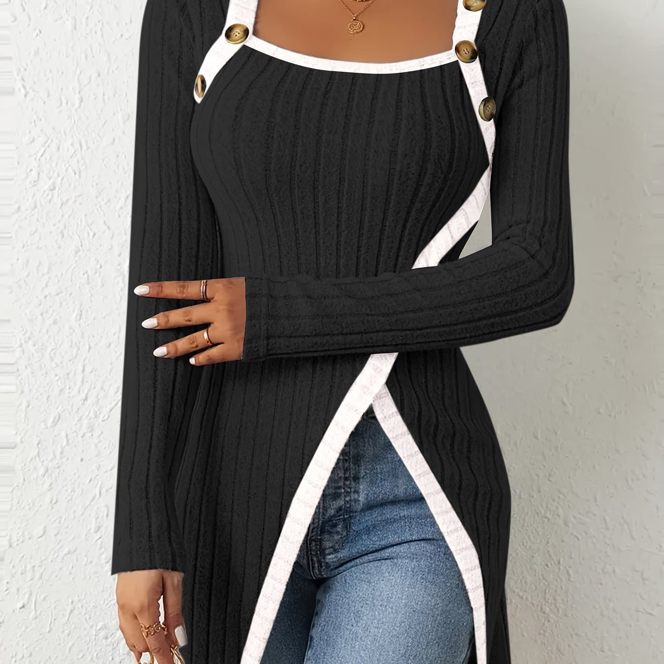 TEMU Women's Elegant Button-front Black & White Contrast Square Neck Blouse - Medium Stretch Layering Top, Machine Washable T-shirt For Casual Or Dressy Wear